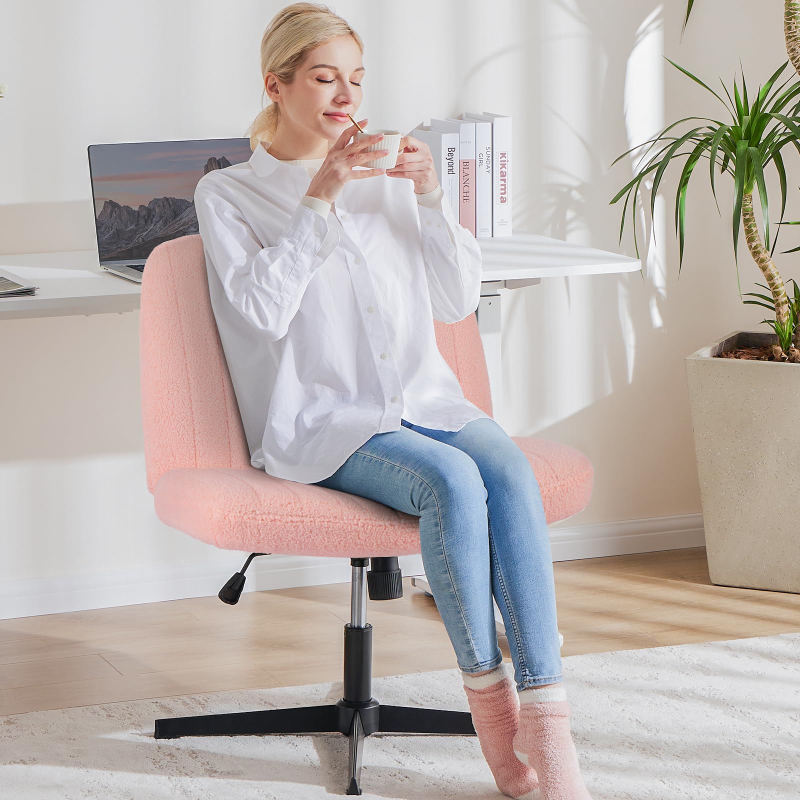 Criss Cross Chairs Legged Armless No Wheels Wide Seat Height Adjustable Swivel Rolling Padded Furry Cute Home Office Desk Seating for Bedroom, Student, Study Room