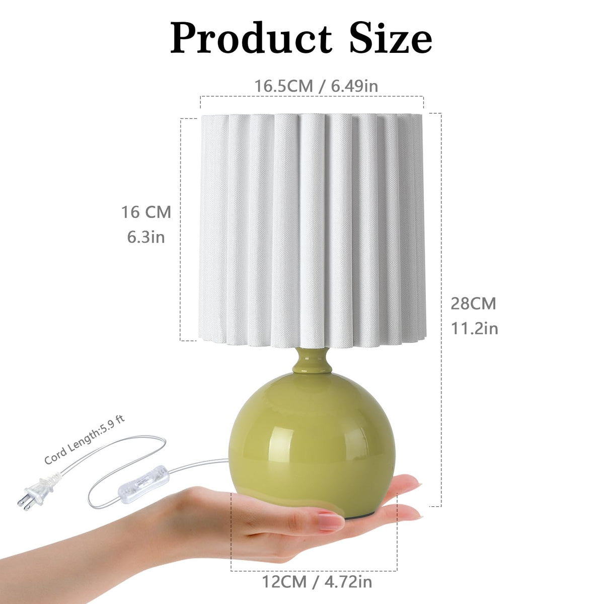 Green Small Table Lamp with Scalloped Linen Shade, Mini Green Table Lamp for Bedroom Nightstand, Cute Desk Night Light for Living Room, Bookshelf, Kitchen Counter, Kids Room, Office