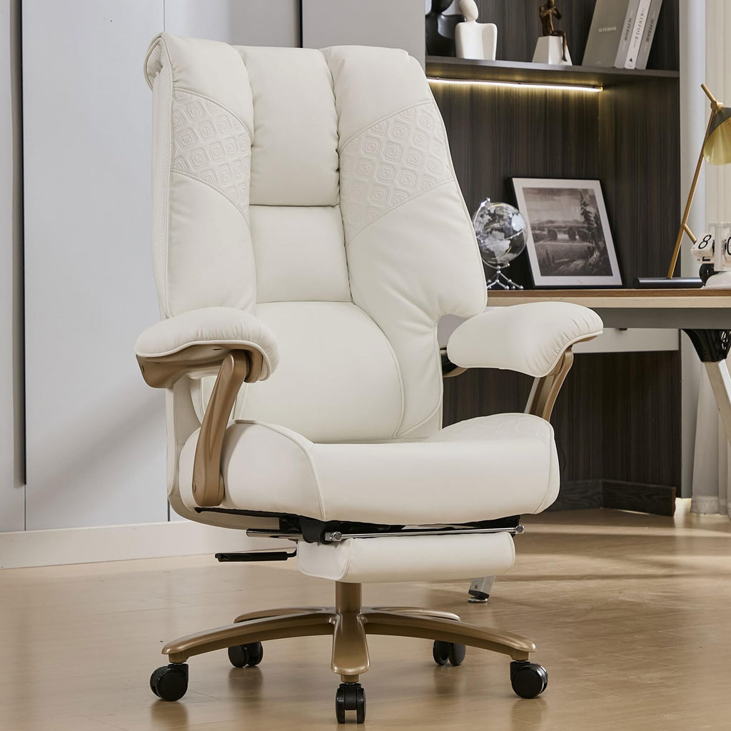 Big and Tall Executive Office Chair with Footrest, 400LBS Capacity Ergonomic High-Back Desk Office Chair with Lumbar Support, Padded Armrests & Thick Cushion, White PU Leather Chairs