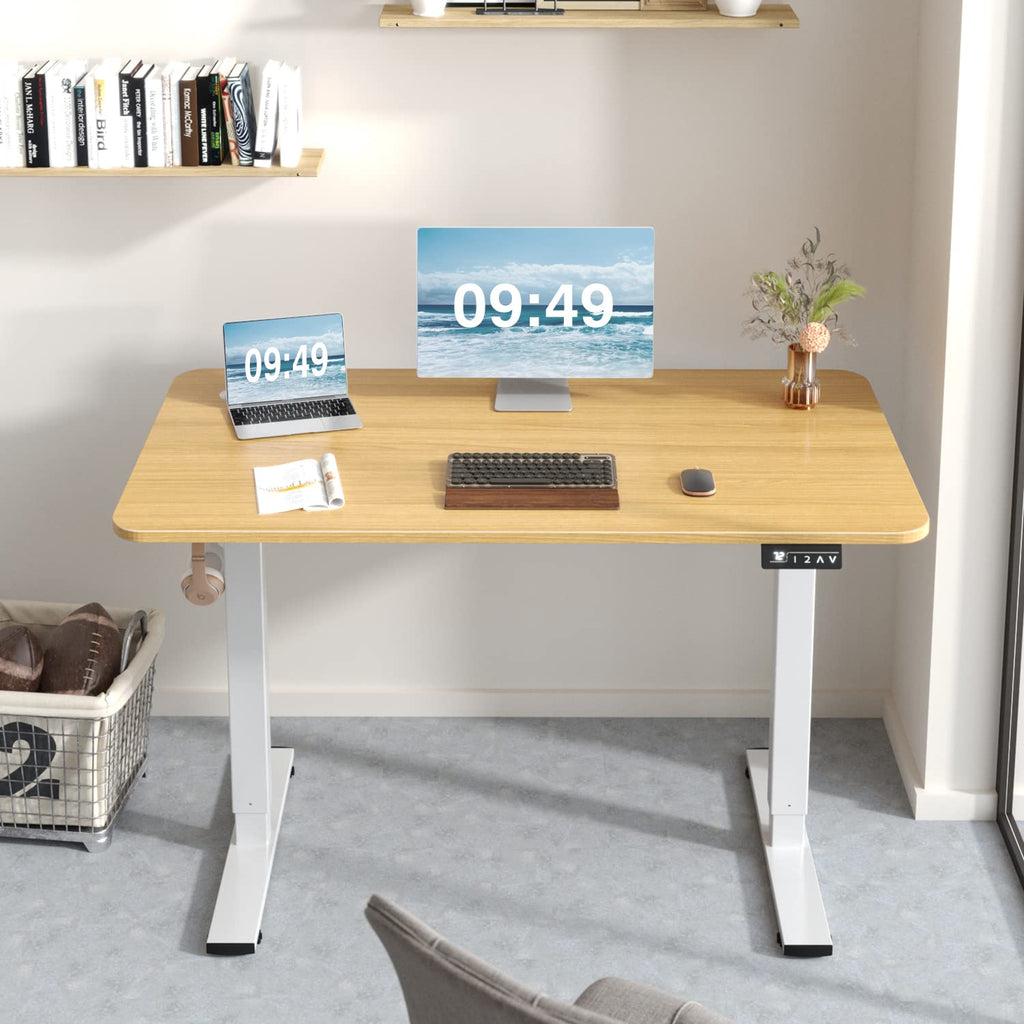 Electric Height Adjustable Standing Desk Large 48 x 24 Inches Sit Stand up Desk Home Office Computer Desk Memory Preset with T-Shaped Metal Bracket, Wood