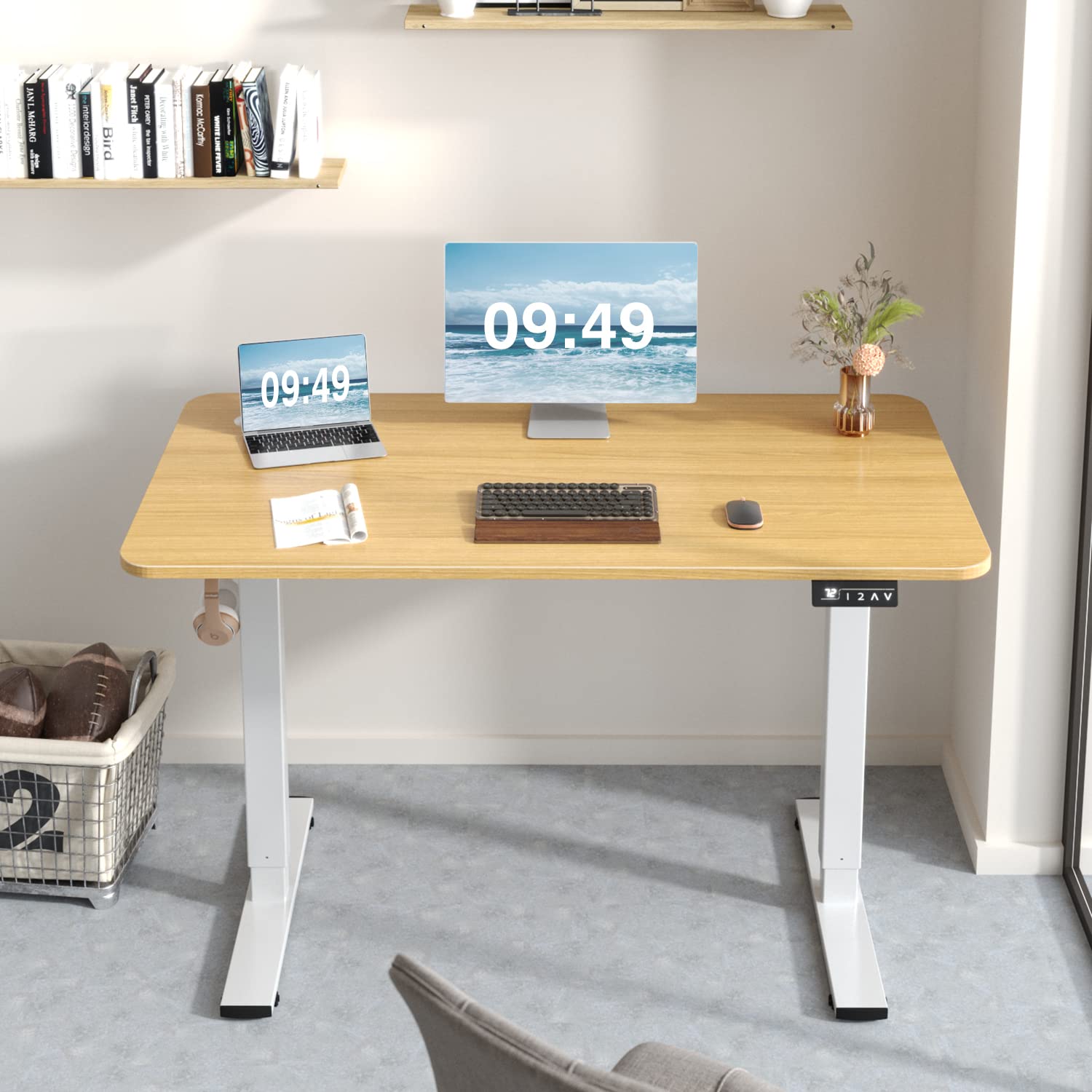 Electric Height Adjustable Standing Desk Large 48 x 24 Inches Sit Stand up Desk Home Office Computer Desk Memory Preset with T-Shaped Metal Bracket, Wood