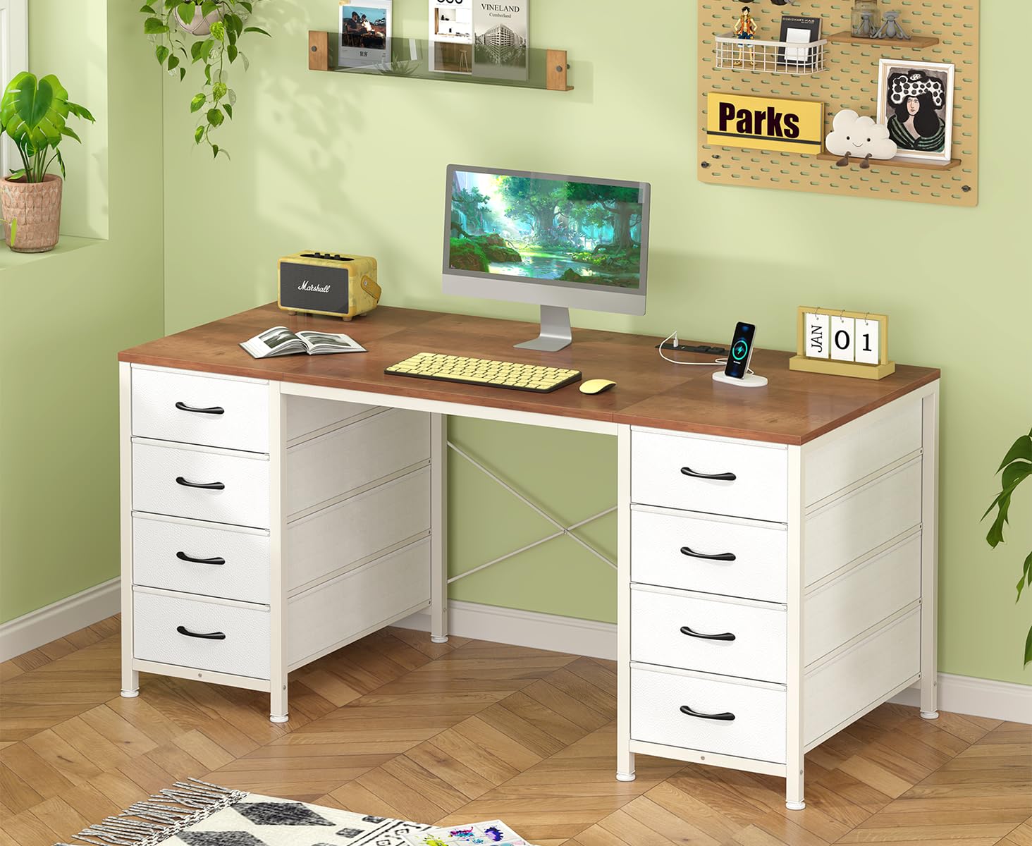 50 Inch Computer Desk with 8 Drawers, Home Office Desk with Power Outlets, Work Study Gaming Desk with 8 Fabric Drawers, Brown and White