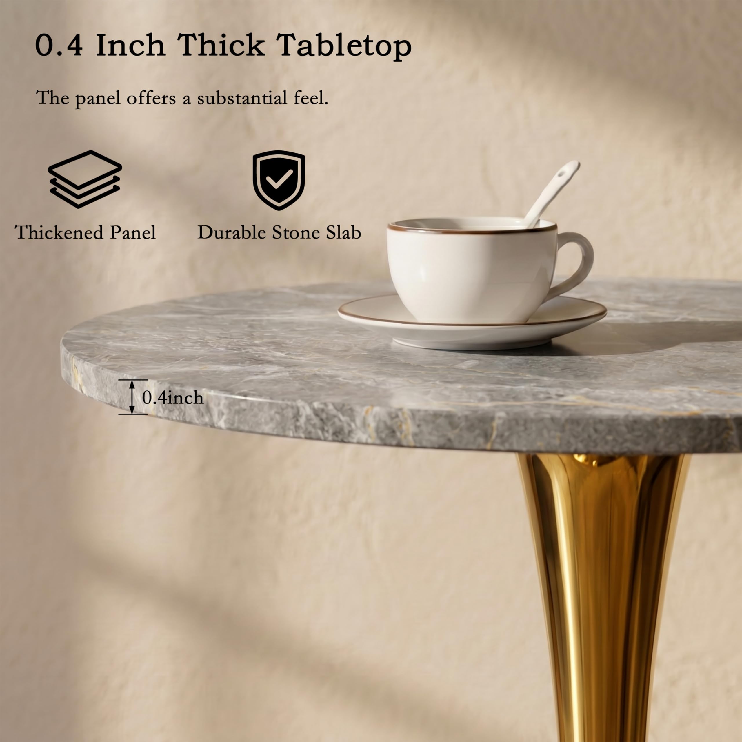 27.6" Marble Round Tulip Table, Mid-Century Modern Style Dining Table with Gold Pedestal Base for 2-4 People, Featuring A Marble Tabletop for Kitchen, Dining Room, Cafe (Dark Grey)