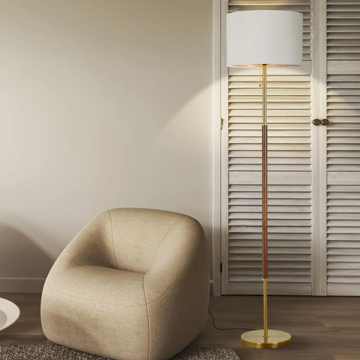 Bedroom Standing Floor Lamp, Farmhouse Lamp with Linen Shade, Gold