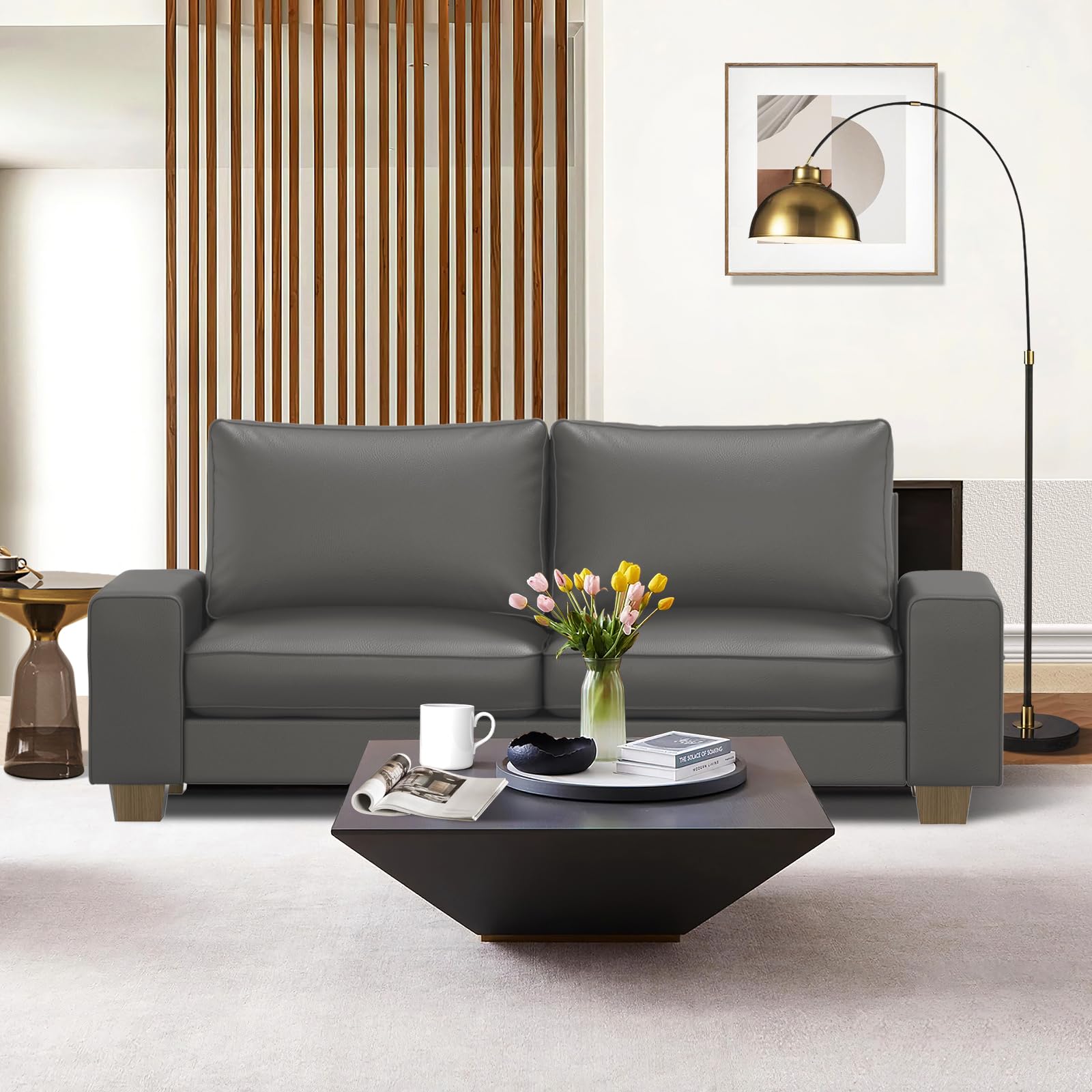 Faux Leather Couch, Mid Century Modern Comfy Loveseat Sofa with Wide Arm, Side Pockets, Solid Wooden Frame for Office, Living Room and Bedroom, 2 Seater (Gery, 71.25 Inches)