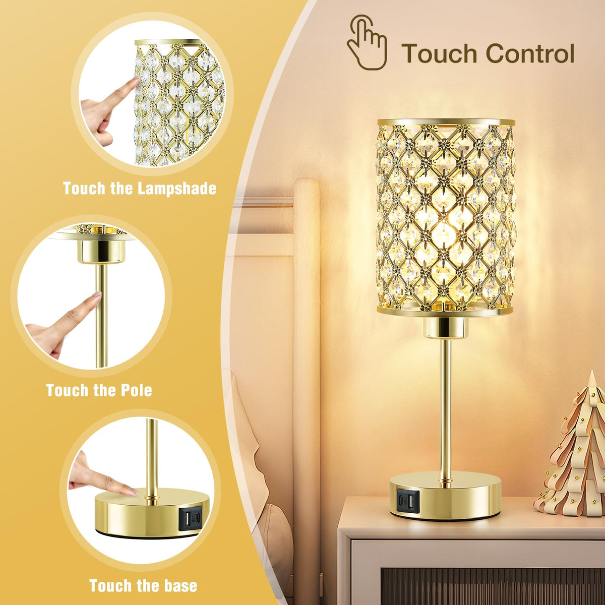 Crystal Table Lamp, Gold Touch Lamp with USB C+A Port, 3-Way Dimmable