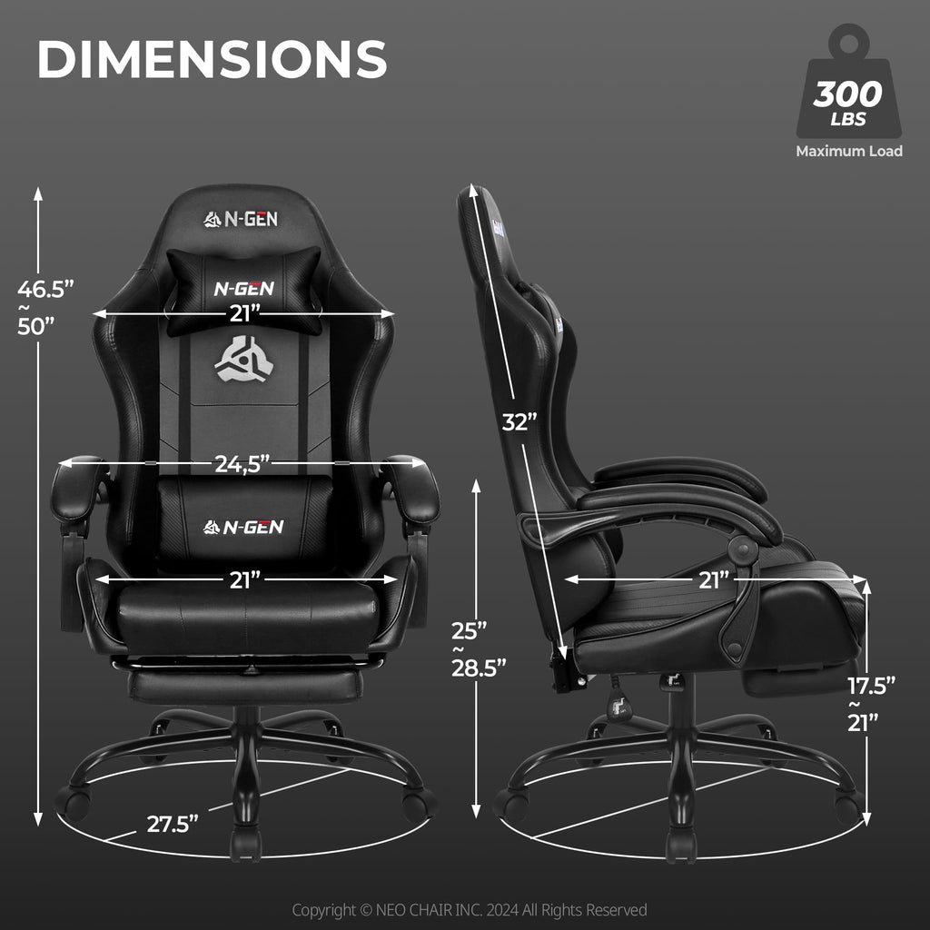 Gaming Chair with Footrest Lumbar Support for Home Office High Back Recliner Height Adjustable Ergonomic Comfy Leather Computer Desk Chair (Deep Black)
