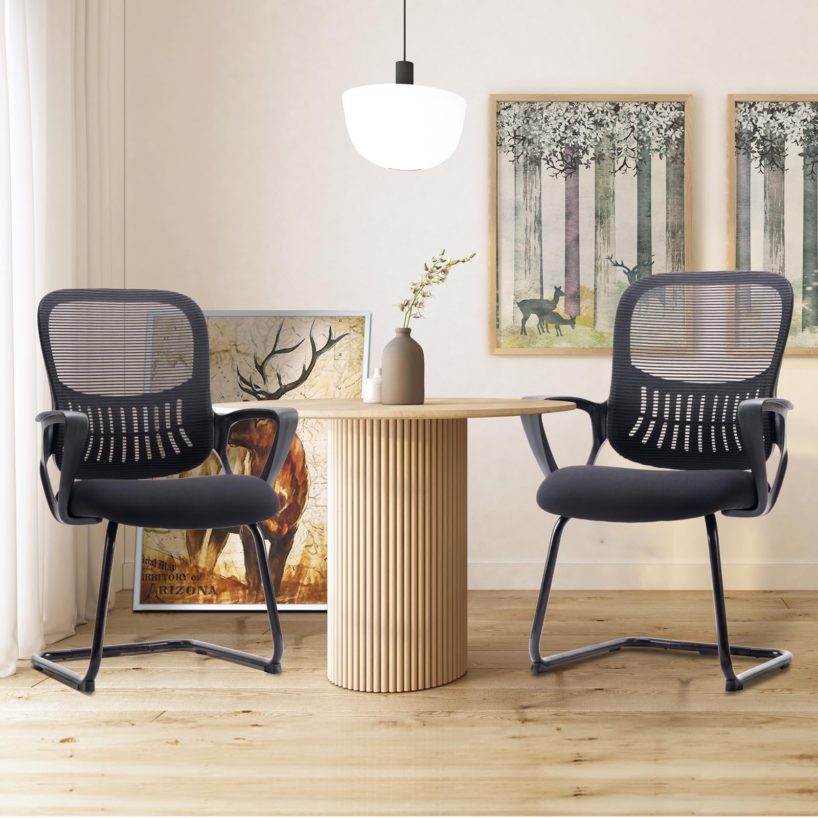 Set of 2, Reception Chair No Wheels, Stationary Non Rolling Mesh Mid Back Computer Guest Side with Lumbar Support for Waiting Area Reception Conference Room,Modern Black