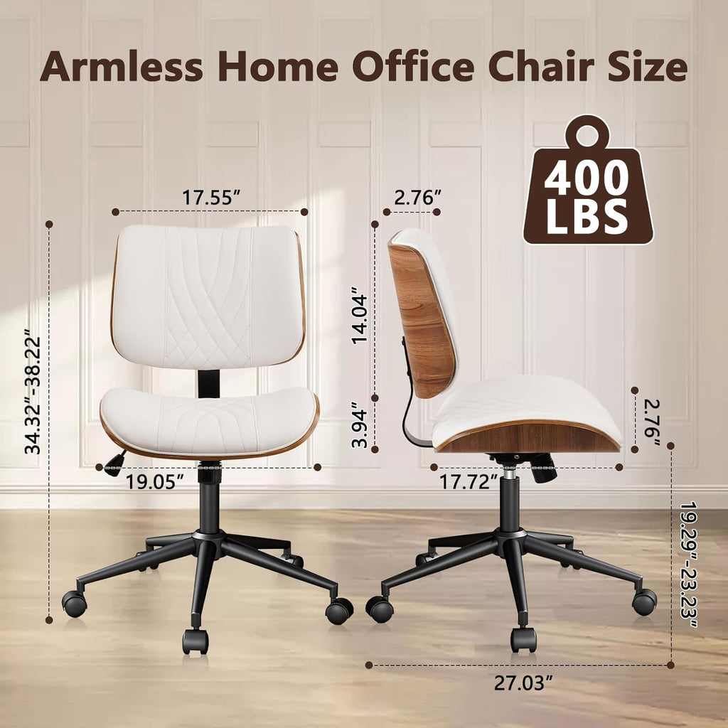 Armless Home Office Chair, Desk Chair with Wheels, Adjustable Height Reading Chairs, Leather Mid Back & Swivel Computer Chairs, Modern Walnut with Back for Study Meeting Room(White) 2Pack
