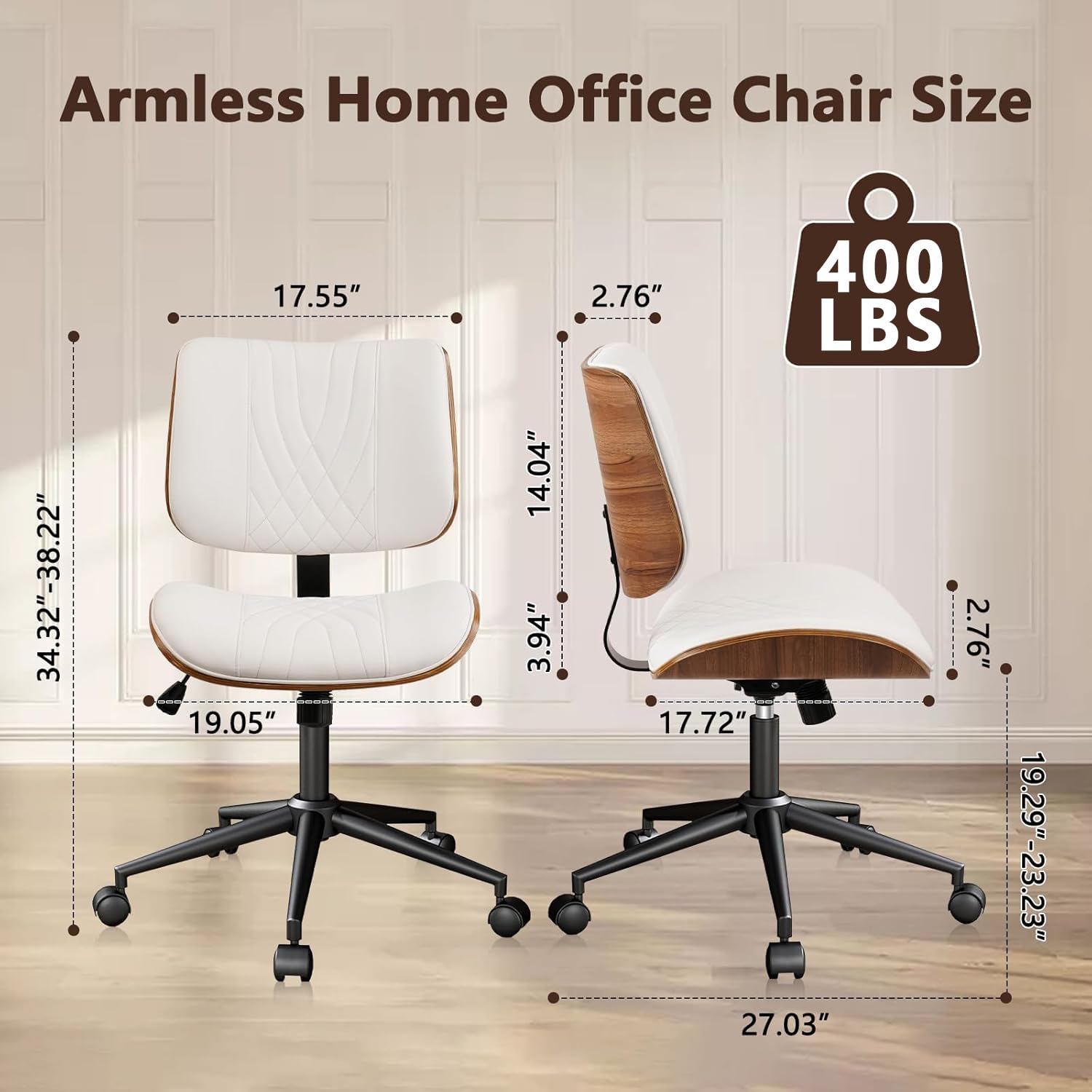 Armless Home Office Chair, Desk Chair with Wheels, Adjustable Height Reading Chairs, Leather Mid Back & Swivel Computer Chairs, Modern Walnut with Back for Study Meeting Room(White) 2Pack