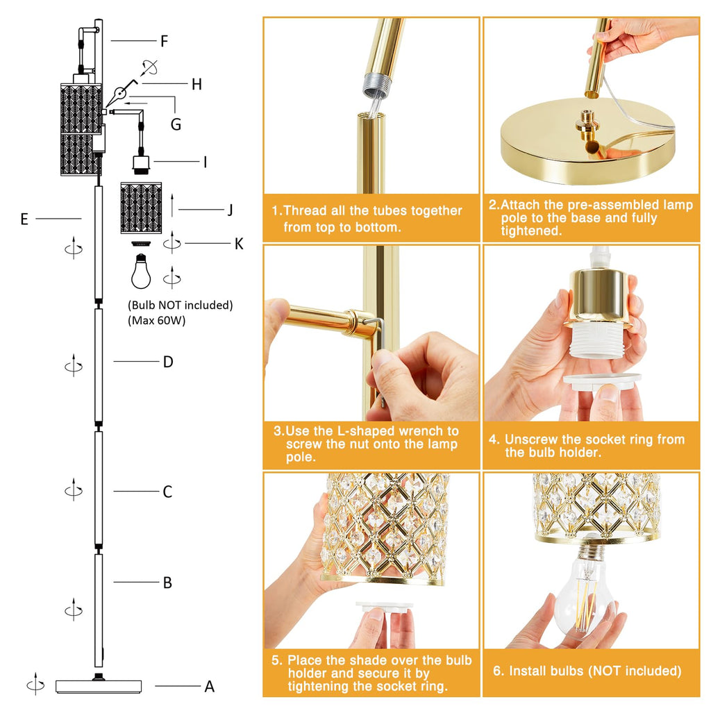Morden Gold Crystal Floor Lamps for Living Room, 3-Light Standing Tall Lamp with Elegant K9 Crystal Shade & Rotary Switch, Modern Corner Floor Lamp for, Bedroom, Home Office, Reading