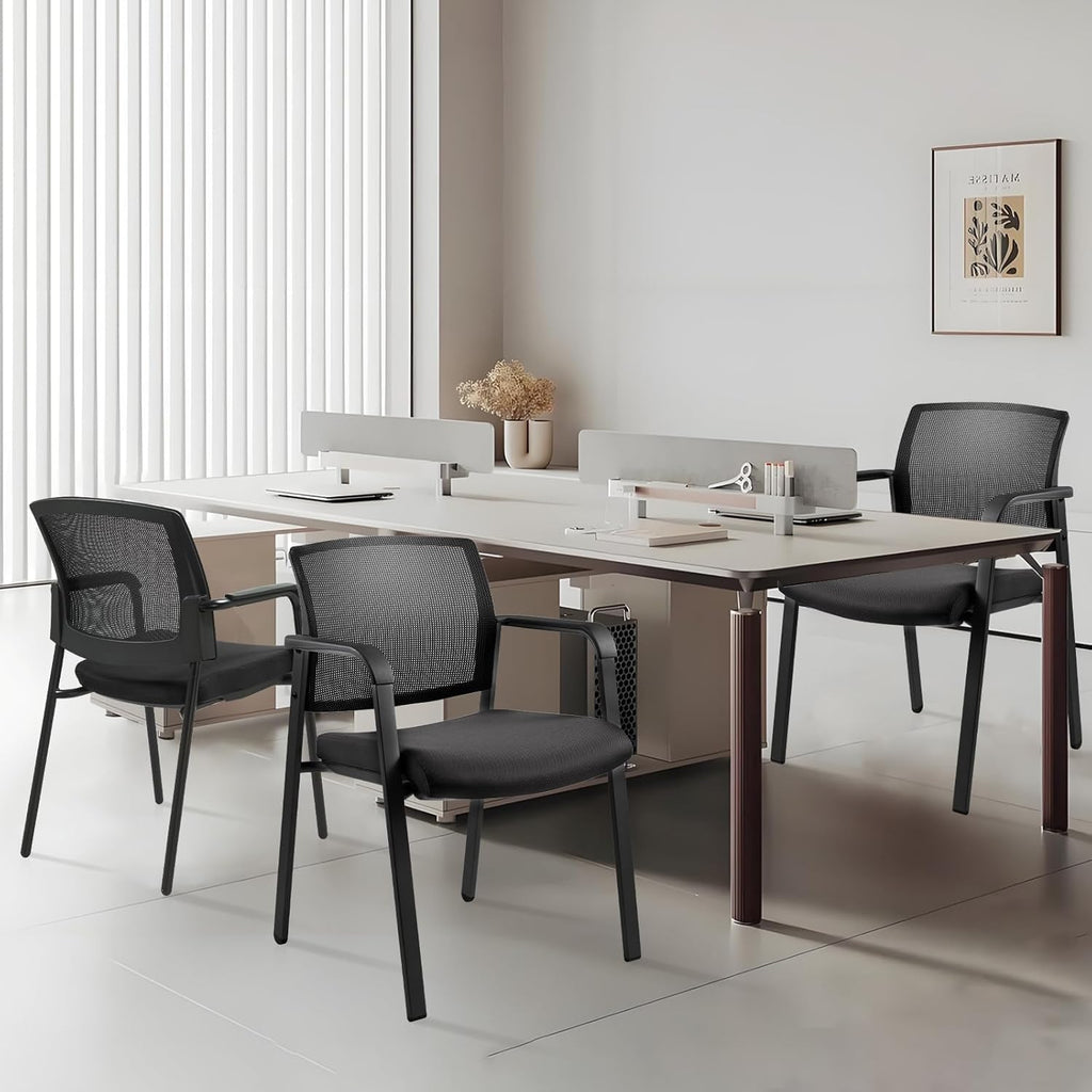 Set of 8, Mesh Back Stacking Arm Chairs with Upholstered Fabric Seat and Ergonomic Lumbar Support for Office School Church Guest Reception Black  New Version