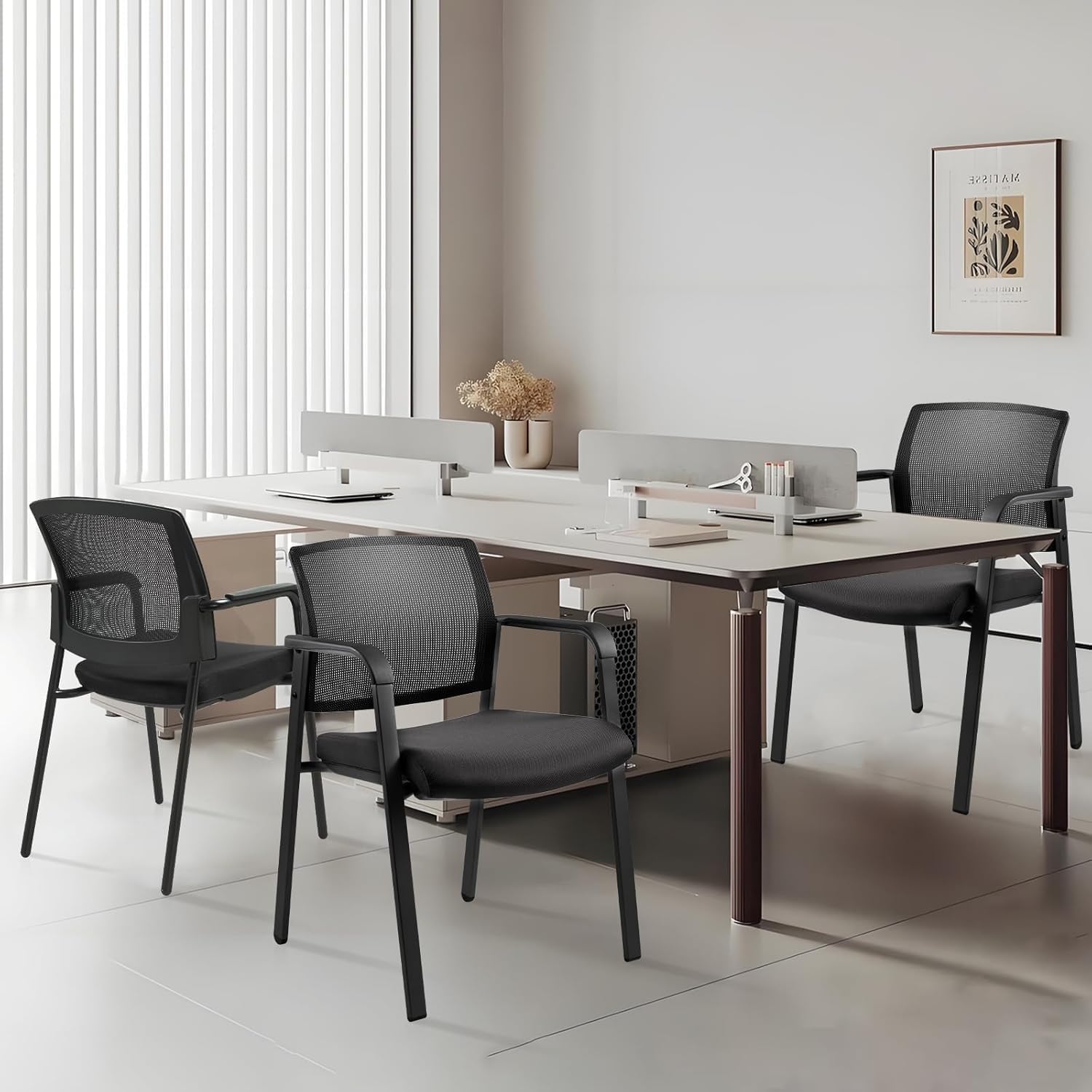 Set of 8, Mesh Back Stacking Arm Chairs with Upholstered Fabric Seat and Ergonomic Lumbar Support for Office School Church Guest Reception Black  New Version