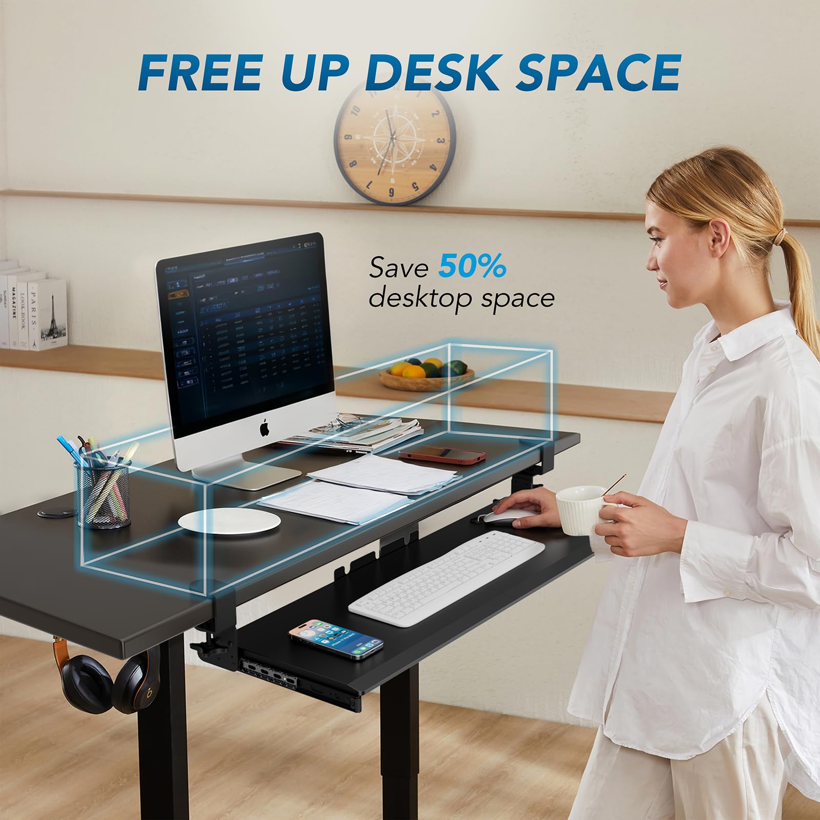 Keyboard Tray Under Desk Pull Out with 3 Height Adjustable Extra Sturdy C Clamp Mount System, 32.8 (38 inch Including Clamps) x 12 Inch Slide-Out Platform Computer Drawer for Typing