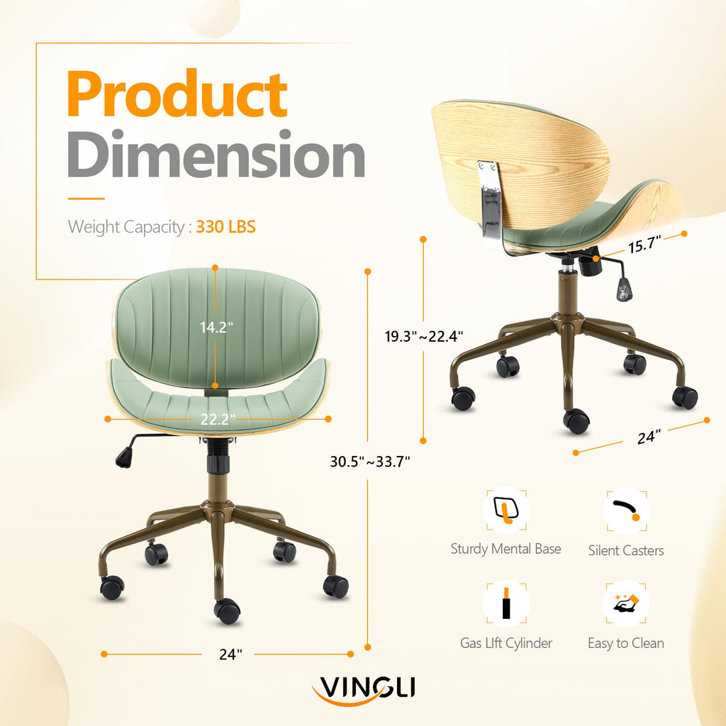 Wide Comfotable Swivel Home Office Chair with Wood-Grain Curved Shell,Ergomomic Mid-Back Padded Armless Rolling Desk Chair with Wheels,Height Adjustable for Computer,Task,Work,PU Leather,Green