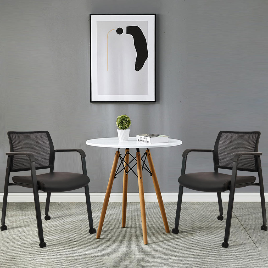 Stacking Office Chair with Wheels, Mesh Back Waiting Room Guest Chairs with Arms Comfortable Leather Cushion Stackable Desk Chair for Conference Reception School Side Stationary, Black