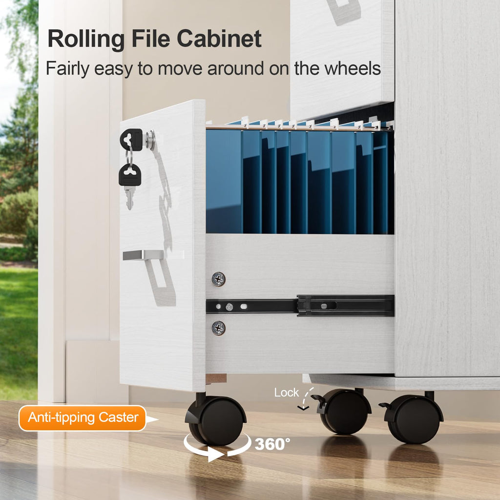 2 Drawer File Cabinet with Lock, Wood Grain White File Cabinets for Letter Size File Folders with Tabs, Mobile Under Desk Filing Cabinets for Home Office, Rolling Filing Cabinet Printer Stand