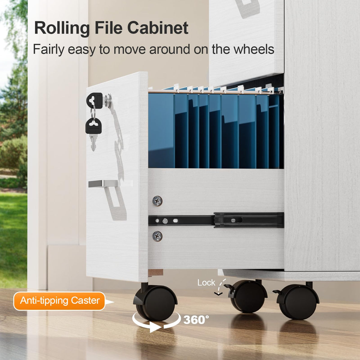 2 Drawer File Cabinet with Lock, Wood Grain White File Cabinets for Letter Size File Folders with Tabs, Mobile Under Desk Filing Cabinets for Home Office, Rolling Filing Cabinet Printer Stand