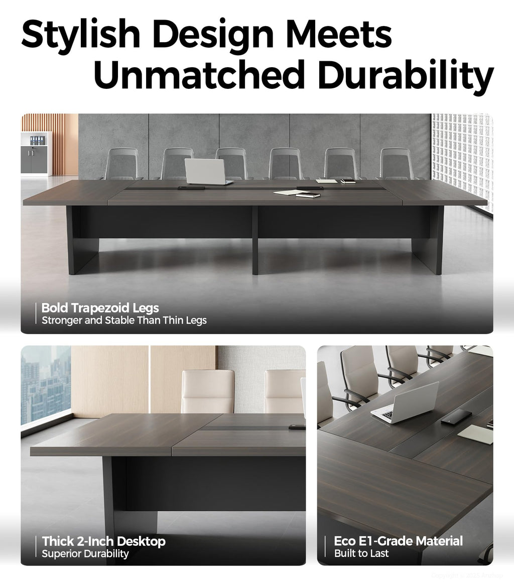 10FT Conference Table, Large Meeting Table for 10 People, Business Style Training Table with Charging Stations & 2" Thickened TableTop for Office Conference (Smoked Walnut & Gray, 118"L * 51"W * 30"H)