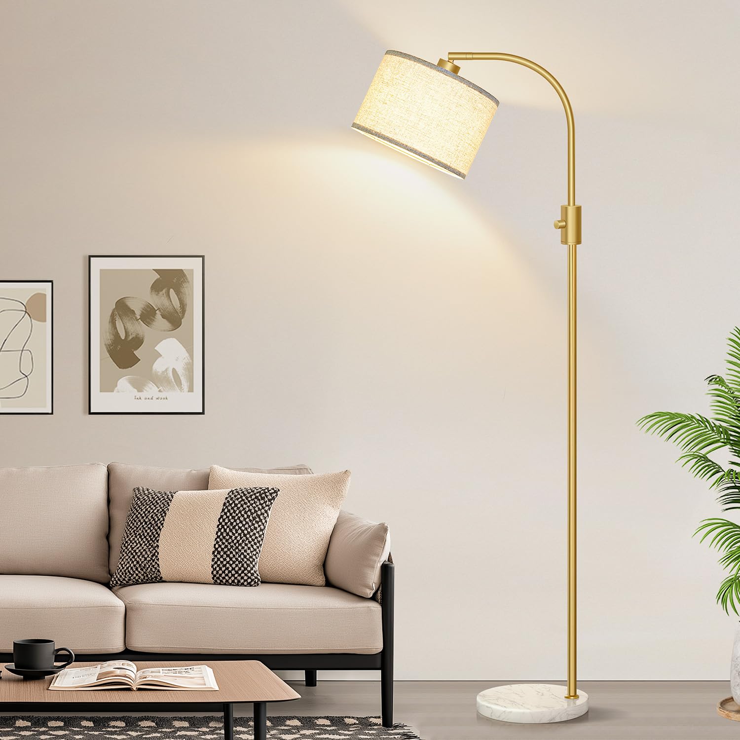 Upgraded Modern Arc Dimmable Tall Standing Floor Lamp with Marble Base & Linen Shade, 1200 Lumens LED Bulb Included, for Living & Reading Room, Bedroom, Office & Nursery, Gold