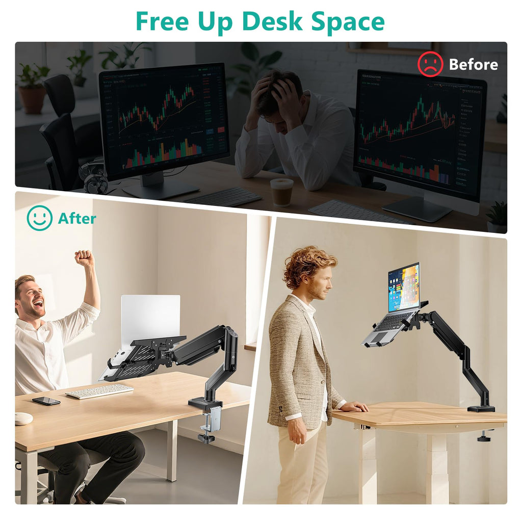 Single Arm Laptop and Monitor Desk Mount for 17" Notebook and Up to 32" Screen, 2-in-1 Adjustable Monitor Arm with Laptop Tray, VESA 75x75 100x100,Holds 22-26.4 lbs, Black