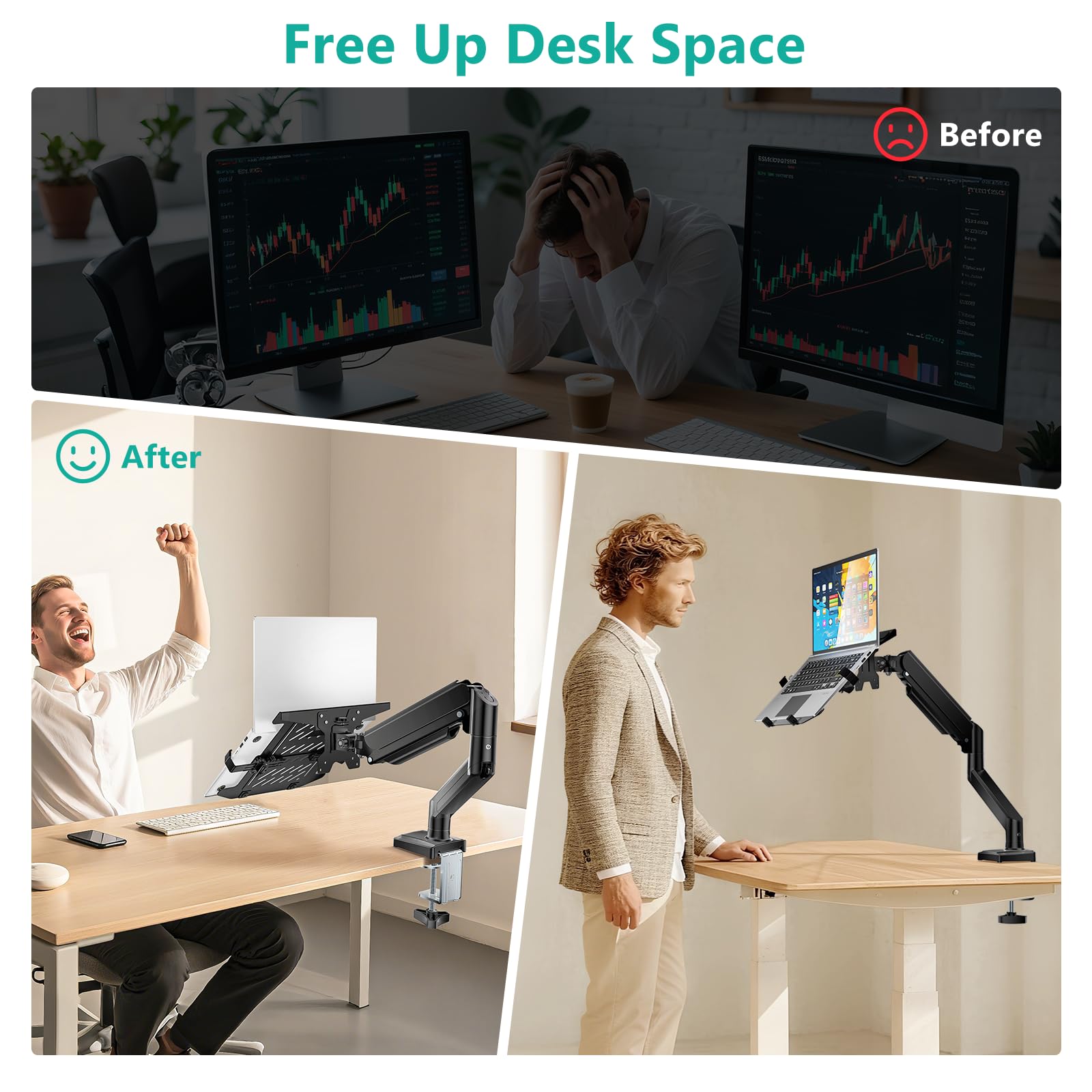 Single Arm Laptop and Monitor Desk Mount for 17" Notebook and Up to 32" Screen, 2-in-1 Adjustable Monitor Arm with Laptop Tray, VESA 75x75 100x100,Holds 22-26.4 lbs, Black