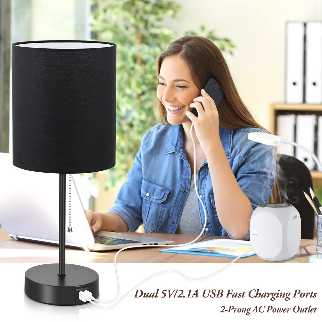 Bedside Table Lamps Set of 2 with USB Charging Ports and AC Outlet, Black