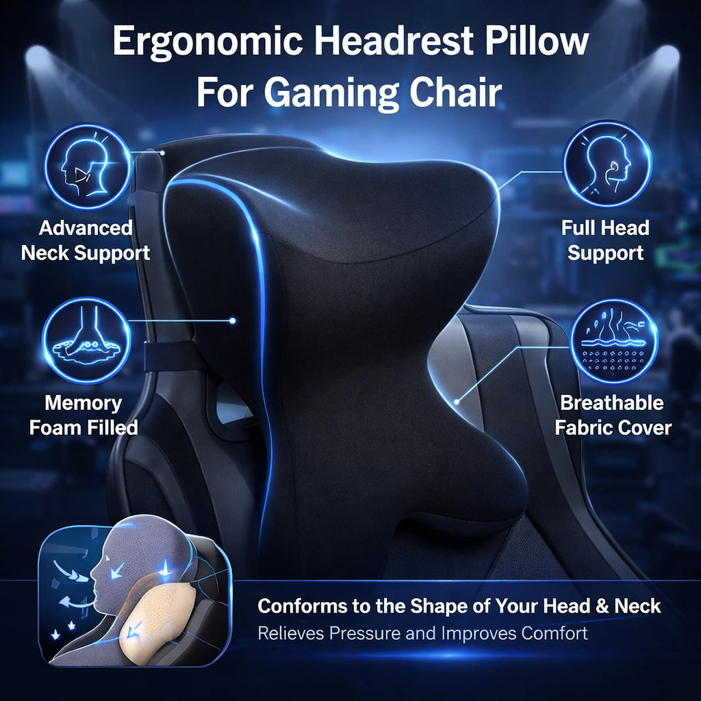 Headrest Pillow/Gaming Chair Pillow with Adjustable Strap Removable Cover Ergonomic Design Neck Support Pillow for auto, Office Chair, Gaming Chair(Black)
