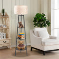 Floor Lamp with Shelves for Living Room， Standing Lamp，Tall Lamp， Amparas Elegantes para Sala with Linen Shade，Modern Floor Lamp for Living Room，Bedroom or Office（Black ）