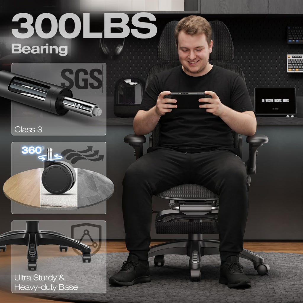 X100 Ergonomic Mesh Office Chair with Footrest, Big and Tall Home Desk Chair with 5D Flip-Up Arms, Adjustable 3D Lumbar Support, Gaming & Executive Computer Chair, Night Reaper