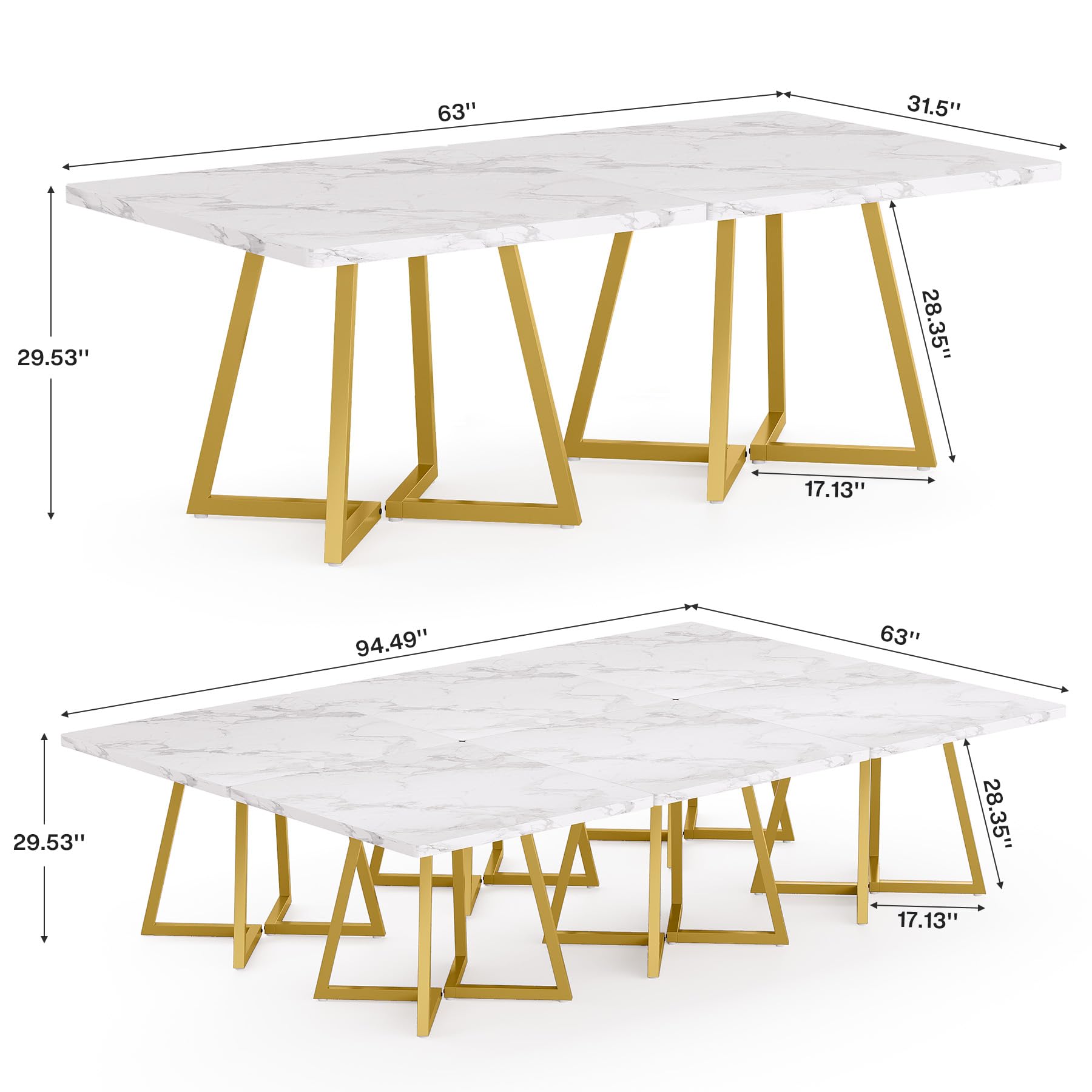 31.5" Square Conference Table Set of 4, 10 ft Industrial Office Meeting Table for 8-10 People, Business Podcast Furniture with Metal Base for Small Spaces, Office Conference, White & Gold
