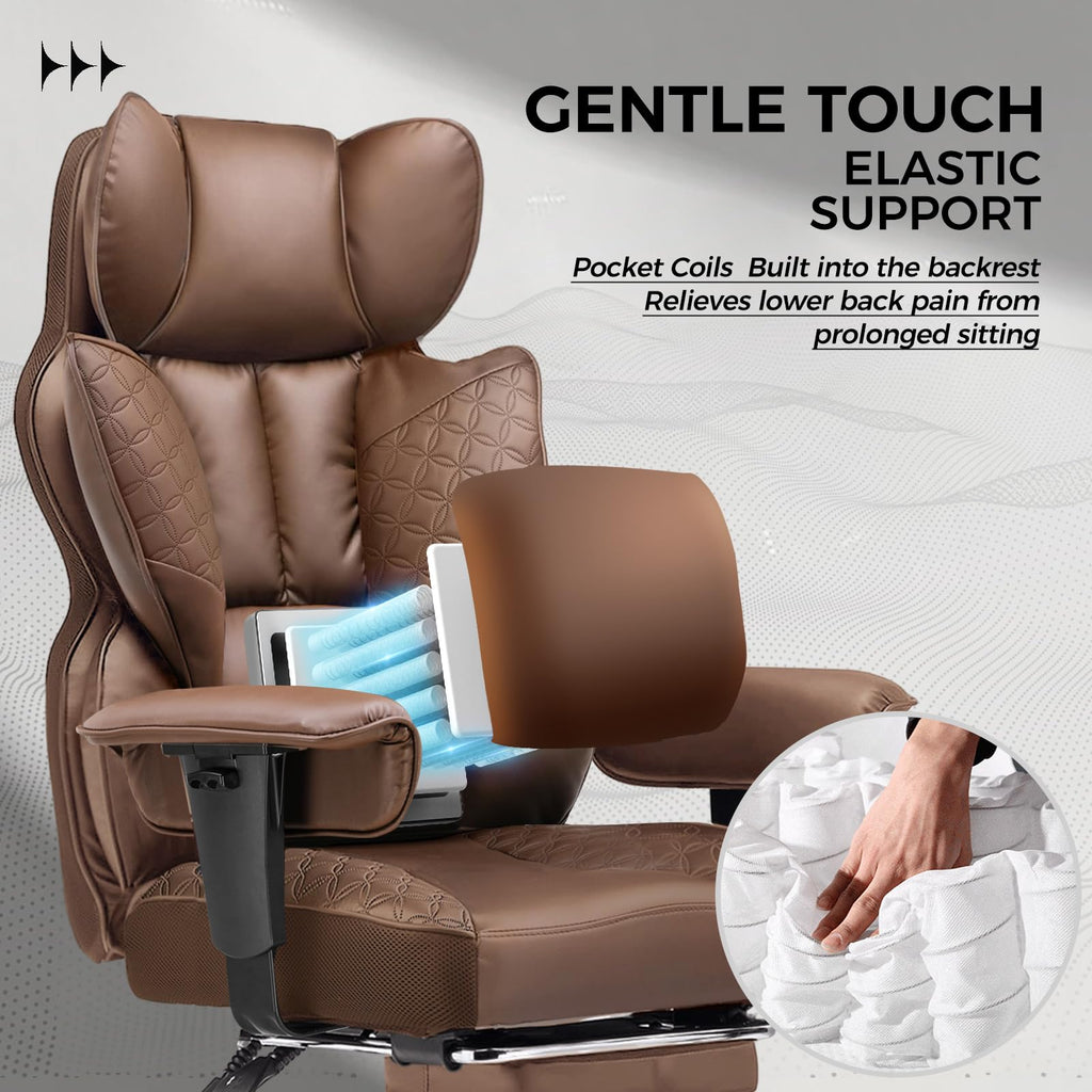 Big and Tall Gaming Chair 400lbs Heavy Duty Office Chair with Foot Rest & Ergonomic Pocket Spring Lumbar Support, High Back 3D Saddle Shaped Cushion for Back Pain Relief, Brown
