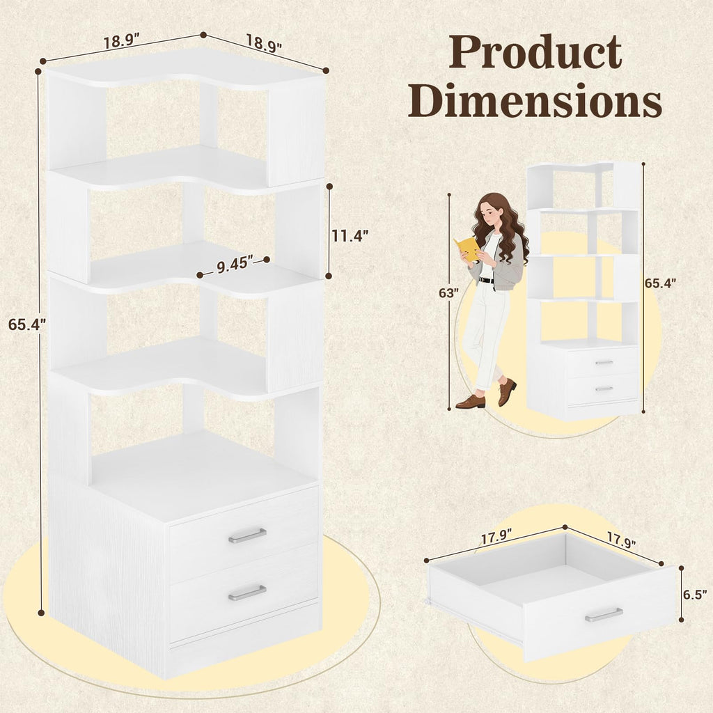 Corner Book Shelf with Drawers, Small Corner Shelf with Drawers