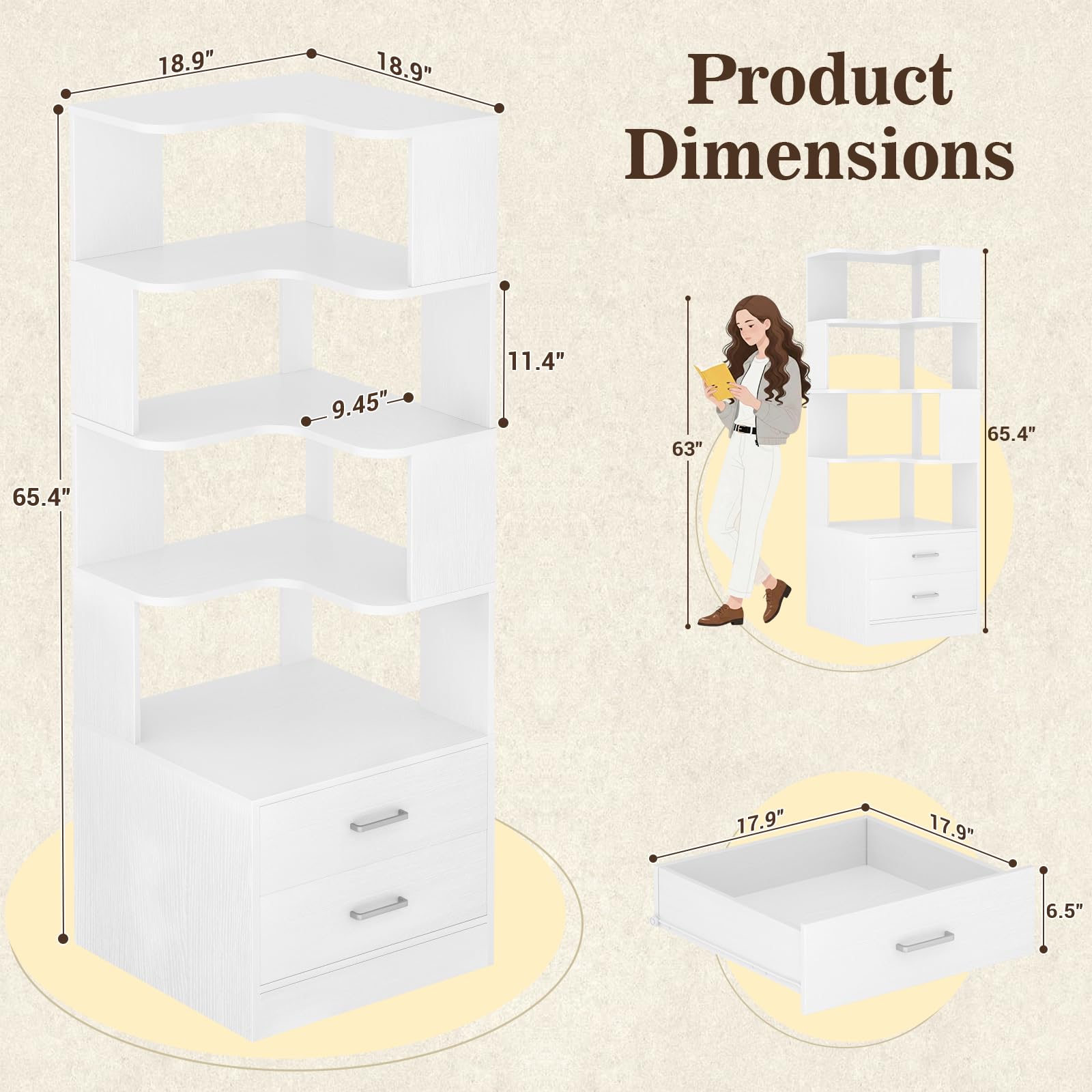 Corner Book Shelf with Drawers, Small Corner Shelf with Drawers