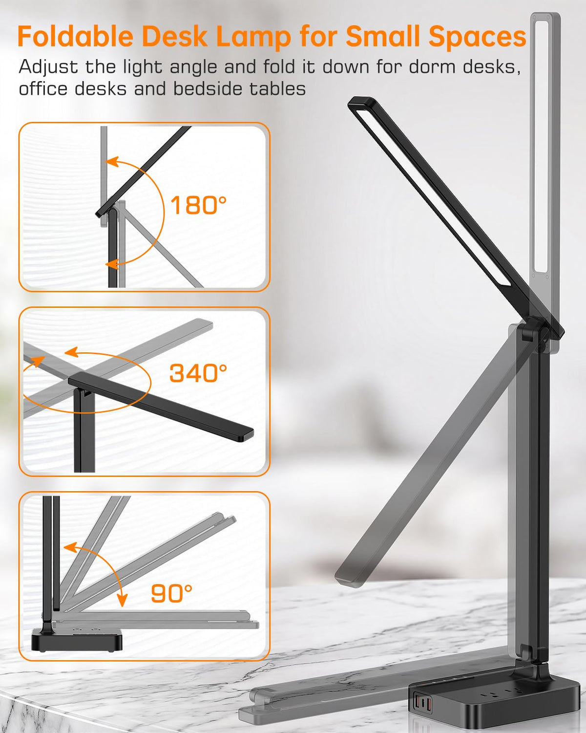 LED Desk Lamp for Dorm Office, USB-C,AC Outlet, Reading Light, Black