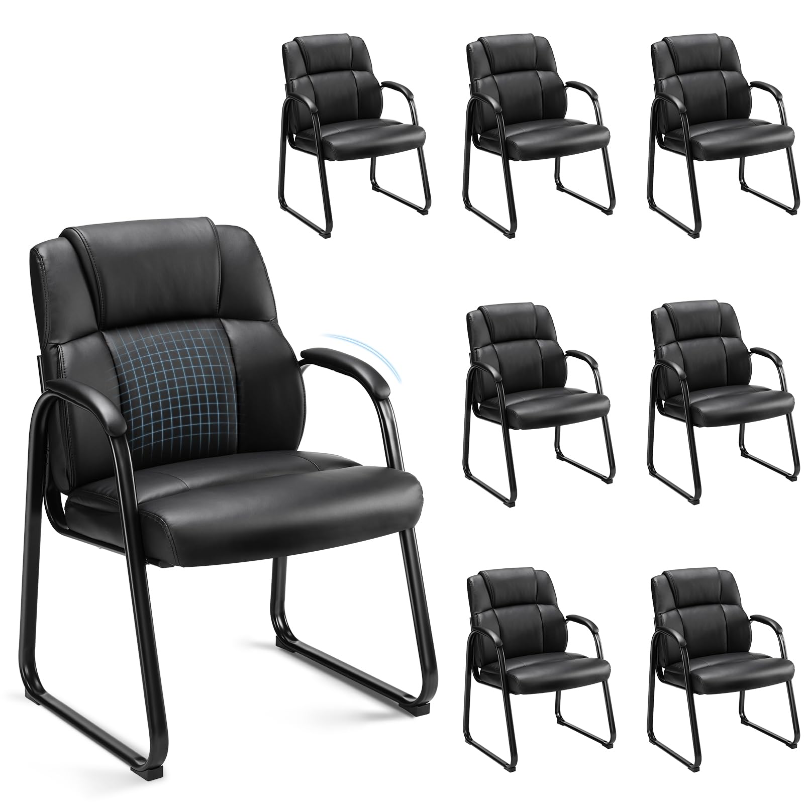 Set of 8, Waiting Room Guest Chair Leather Stationary Office Reception Chairs No Wheel, Comfy Padded Arms and Seld Base, for Conference Room Lobby Home Desk Bedroom Elderly, Black