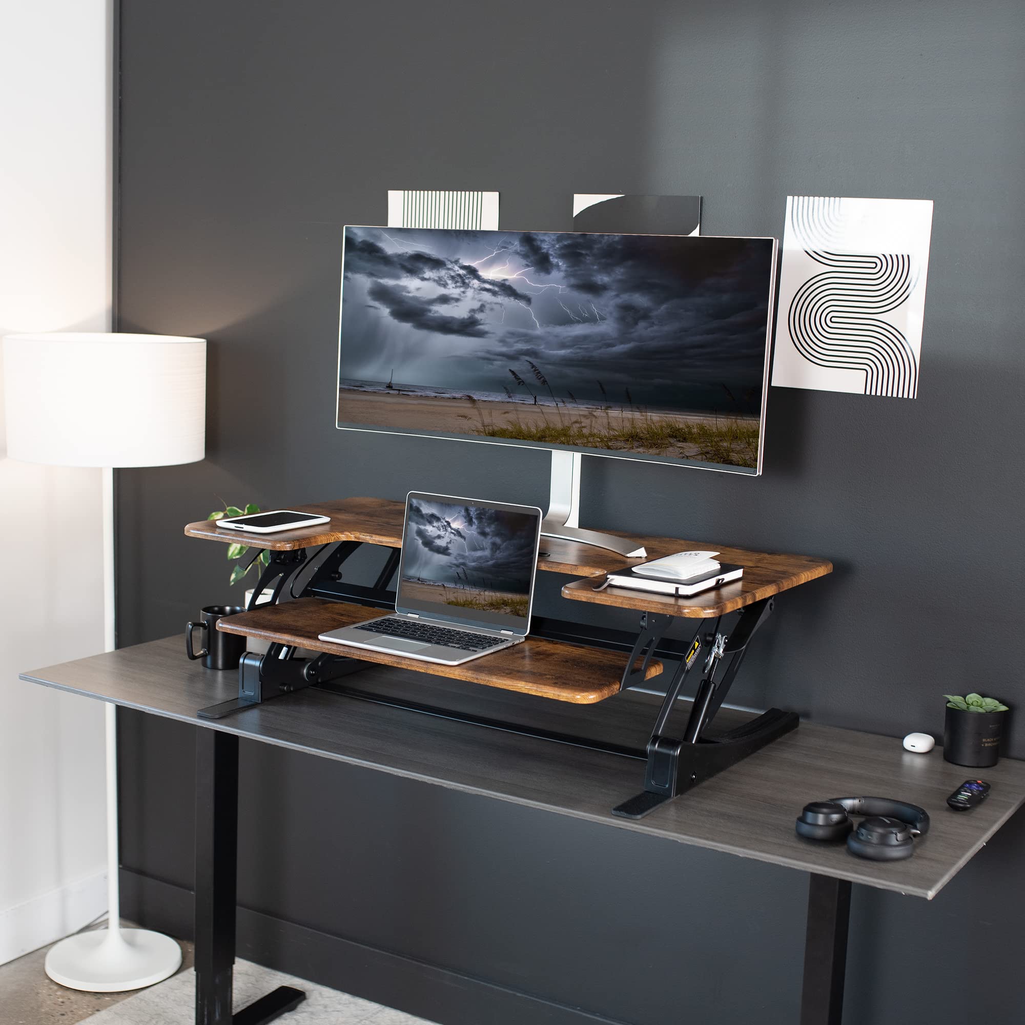 42 inch Height Adjustable Stand Up Desk Converter, V Series, Quick Sit to Stand Tabletop Dual Monitor Riser Workstation, Rustic Vintage Brown Top, Black Frame, DESK-V000VLN