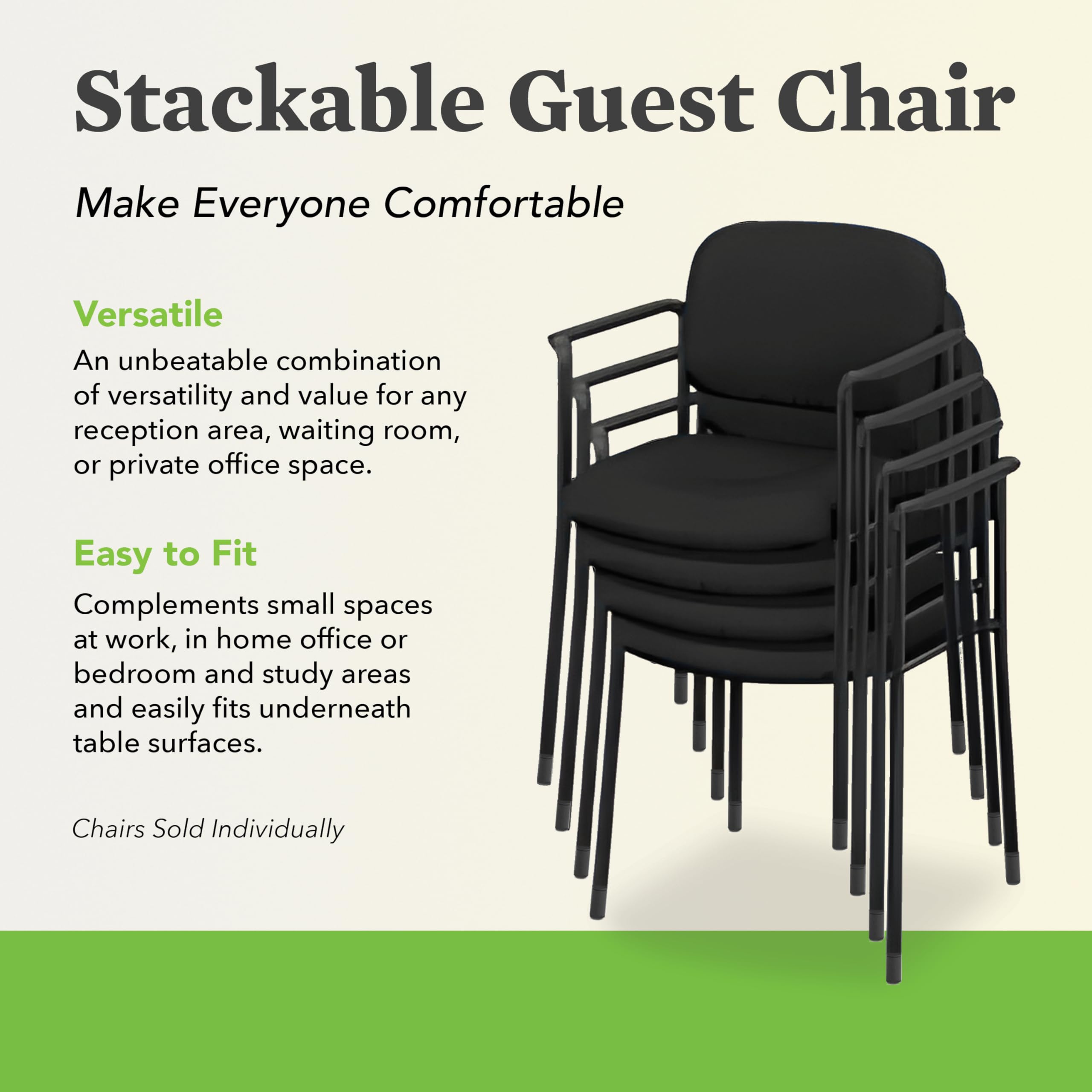 Fabric Guest Office Chair with Arms, Stackable Seating for Waiting Rooms, Lobbies, Conference Areas, and Offices, Side Chair for Reception and Training Spaces, Black