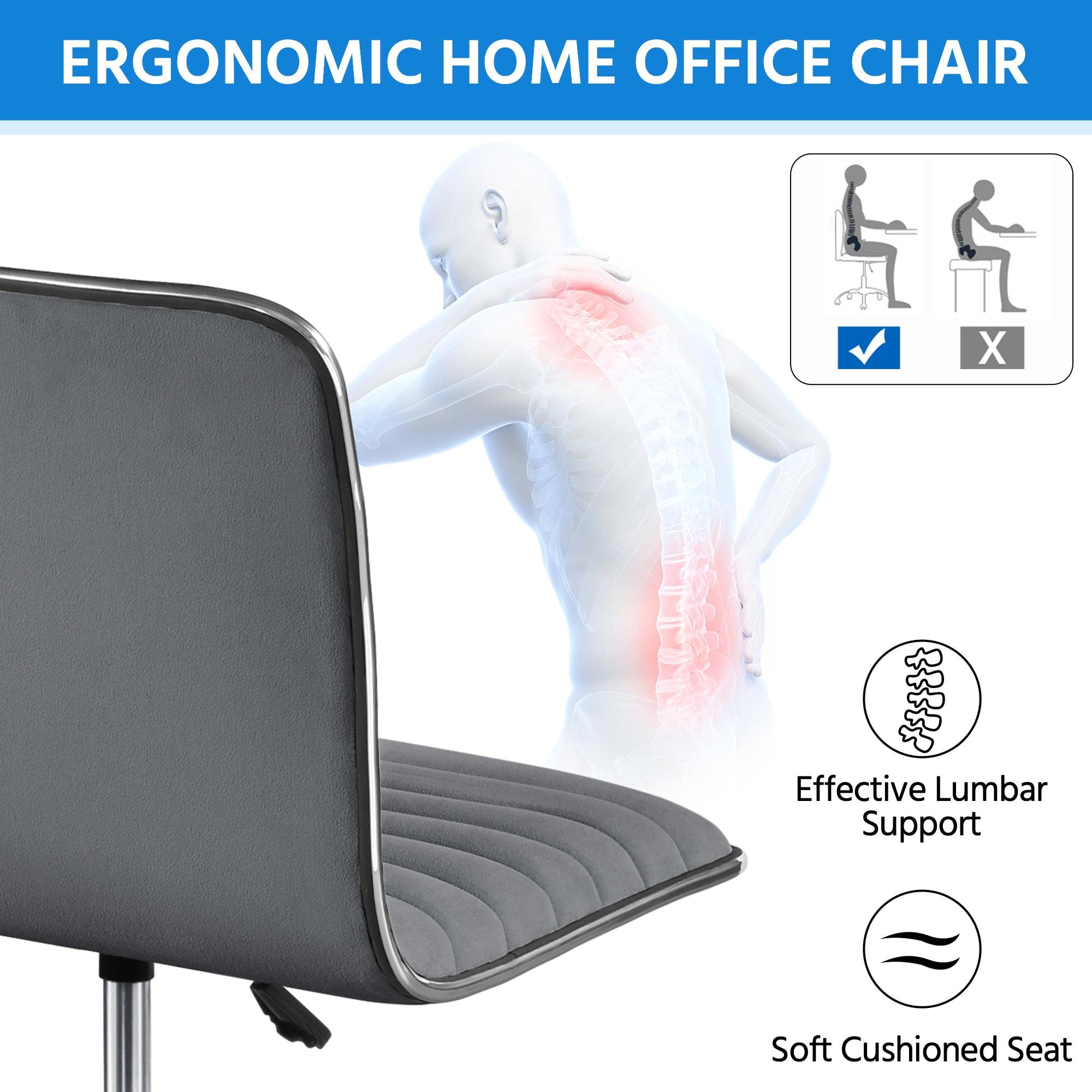 Velvet Low Back Armless Ribbed Office Chair Height Adjustable Swivel Task Chair Dark Gray