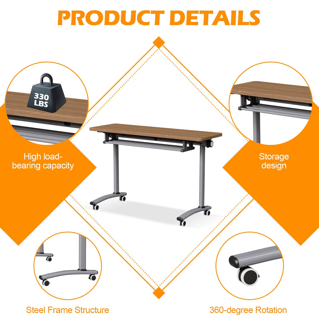 Conference Room Tables White,Folding Rectangular Flip Top Conference Table with Wheels for Large Meeting Seminar Home Office Classr (6, Little Oak, 47.2 * 15.7in)