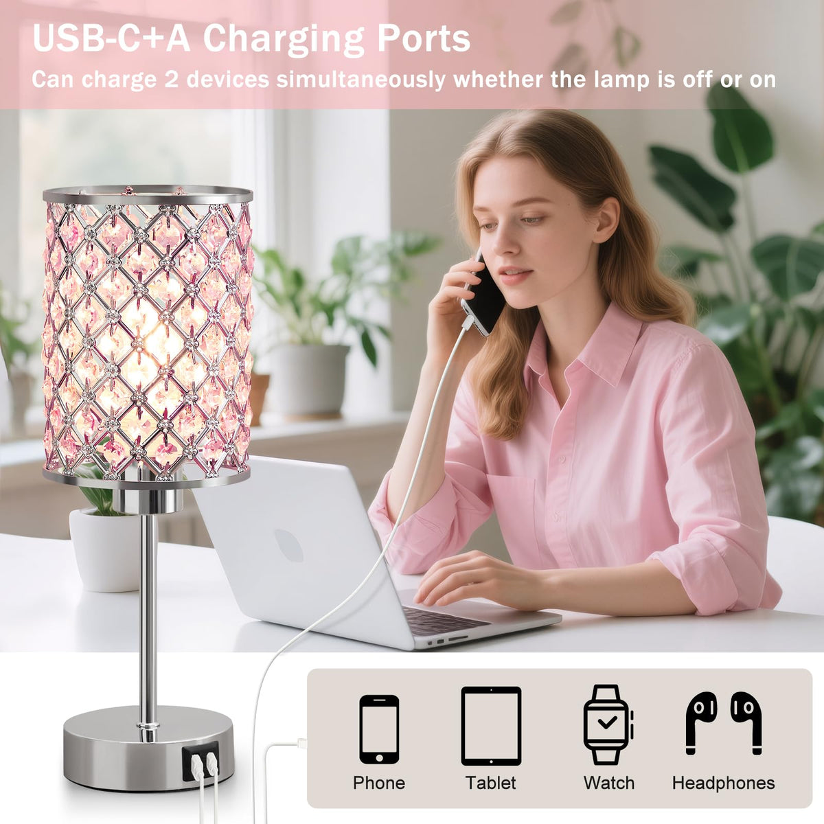 Pink Crystal Bedside Table Lamps Set of 2 with USB C+A Ports