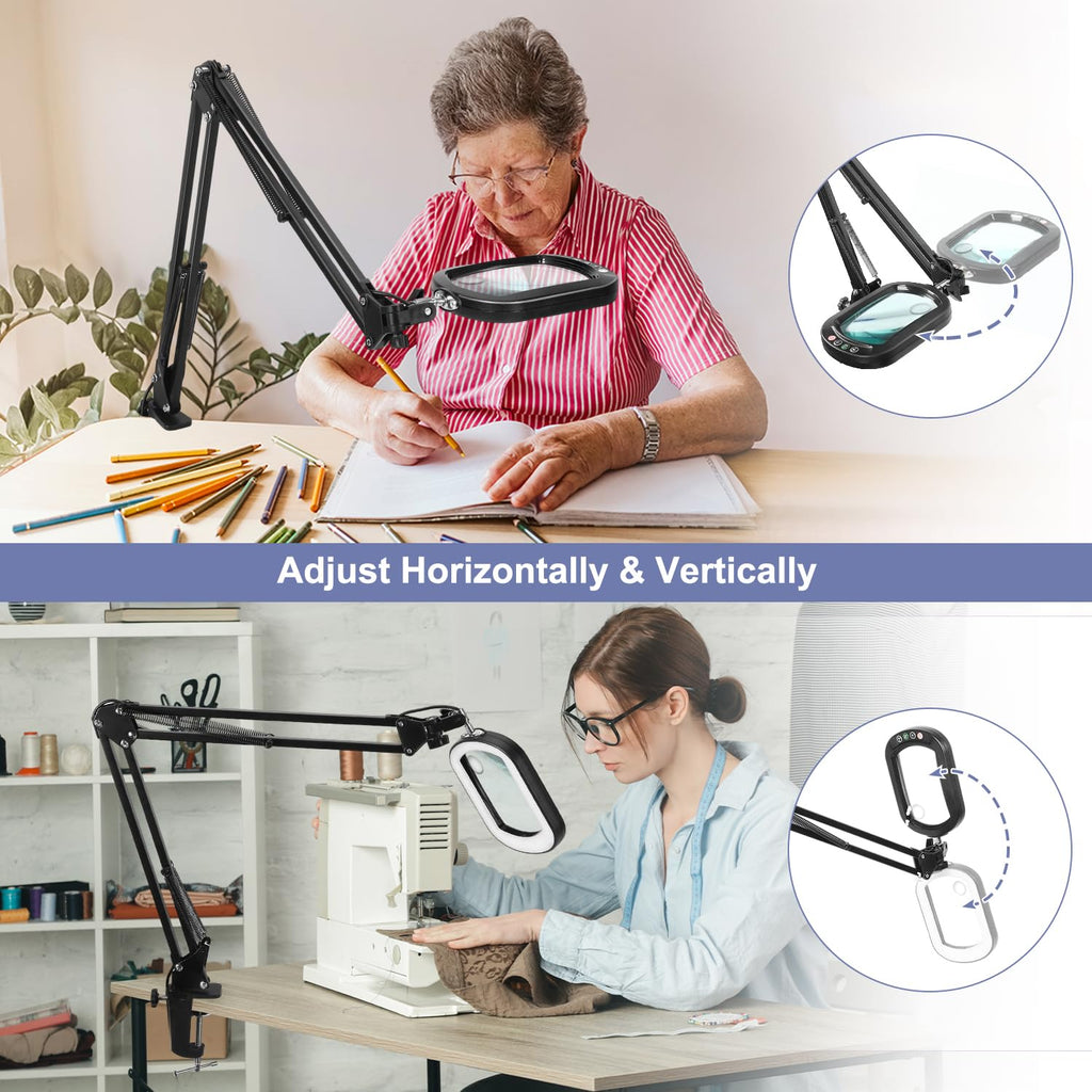 30X 10X Large Magnifying Glass with Light and Clamp, Real Glass, 5 Color Modes, Stepless Dimmable, Lighted Magnifier with Stand Hands Free, LED Swing Arm Desk Lamp for Close Work, Craft, Painting