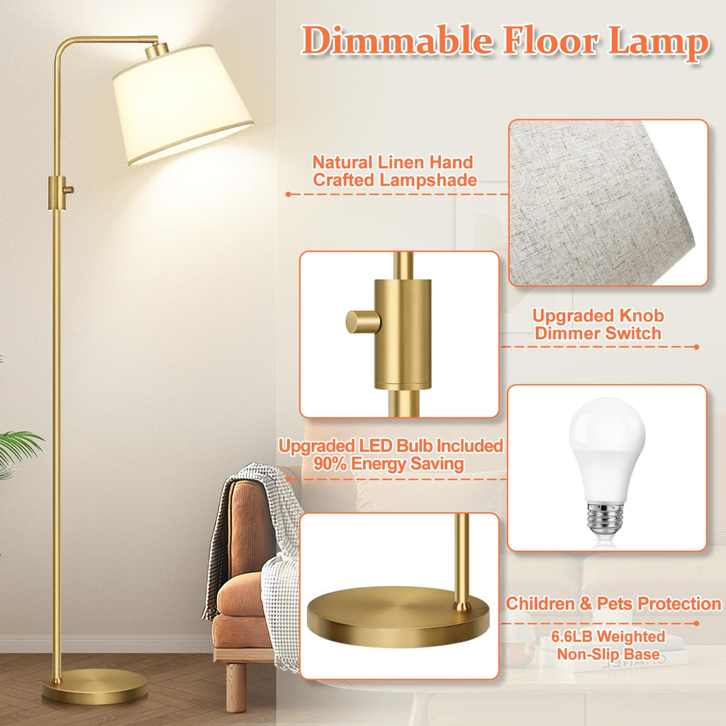 Floor Lamp, 1000 Lumens LED Edison Bulb Included, Arc Floor Lamps for Living Room Modern Standing Lamp with Shade, Tall Lamps for Living Room Bedroom Office Dining Room - Gold