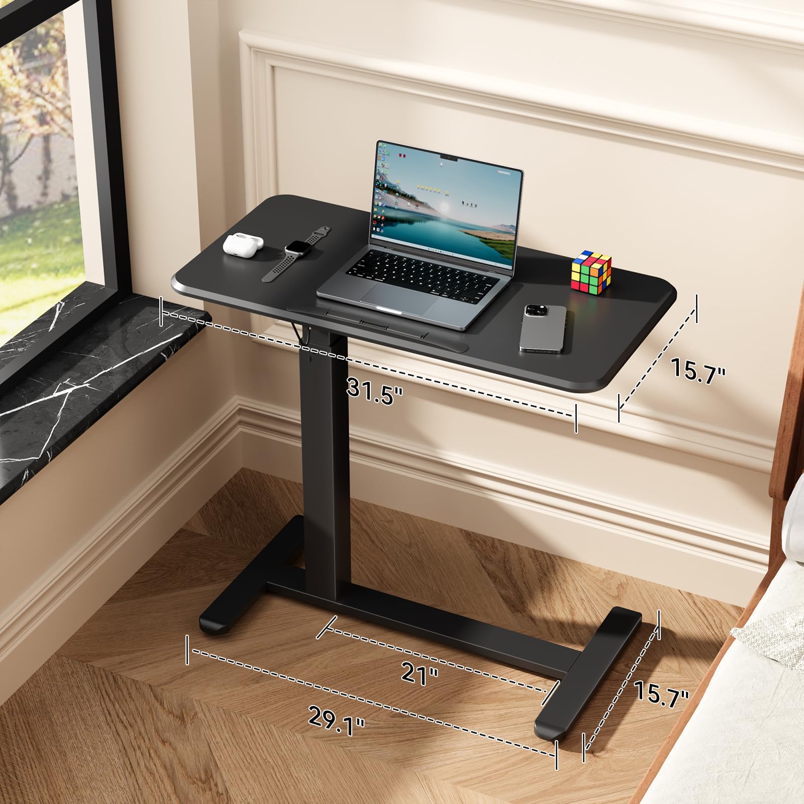 Mobile Standing Desk, Height Adjustable Left/Right Overbed Bedside Table, 90° Tiltable Portable Laptop Desk with Wheels, Foldable Computer Cart for Hospital Home Use, Black