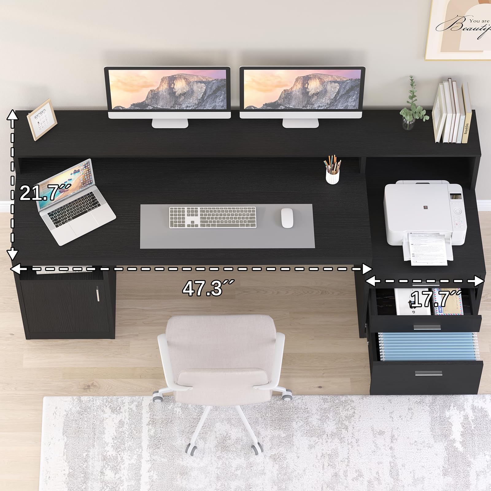 Computer Desk with 3 Drawer & Storage Shelves, Home Office Desk with File Drawer & Cabinet, Writing Study Table with Long Monitor Stand & Printer Shelf, Executive Desk, Black