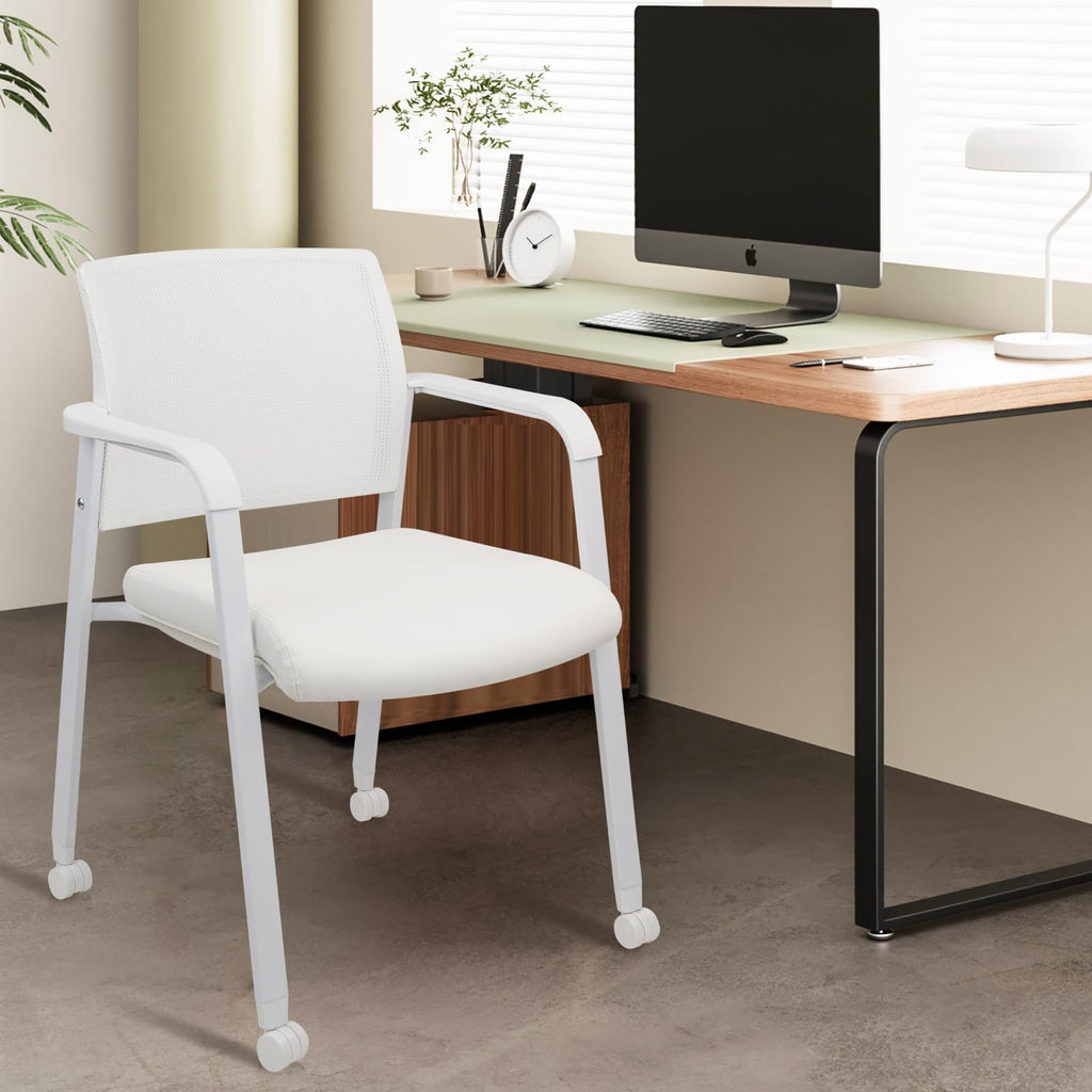 Set of 2, Stacking Office Chairs | Mesh Back, Thicken Leather Seat and Arms, Ergonomic Lumber Support | Guest Reception, Waiting, Conference, School, Party, Customer, Side, Stationary | White