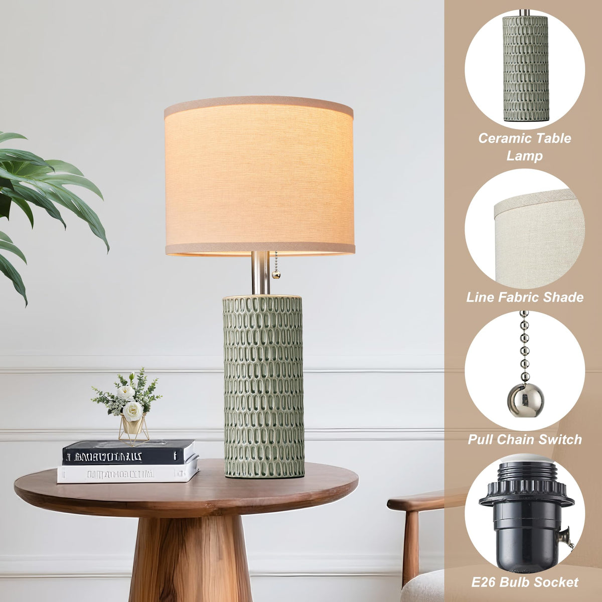20.5" Modern Ceramic Table Lamps for Bedroom Set of 2, Bedside Lamps for Night Stands with Beige Lampshade, Farmhouse Table Lamp for Living Room Office Dorm, Light Green