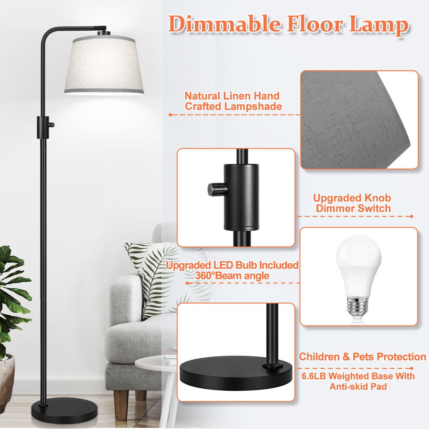 Floor Lamp, 1000 Lumens LED Edison Bulb Included, Arc Floor Lamps for Living Room Modern Standing Lamp with Gray Shade, Tall Lamps for Living Room Bedroom Office Dining Room