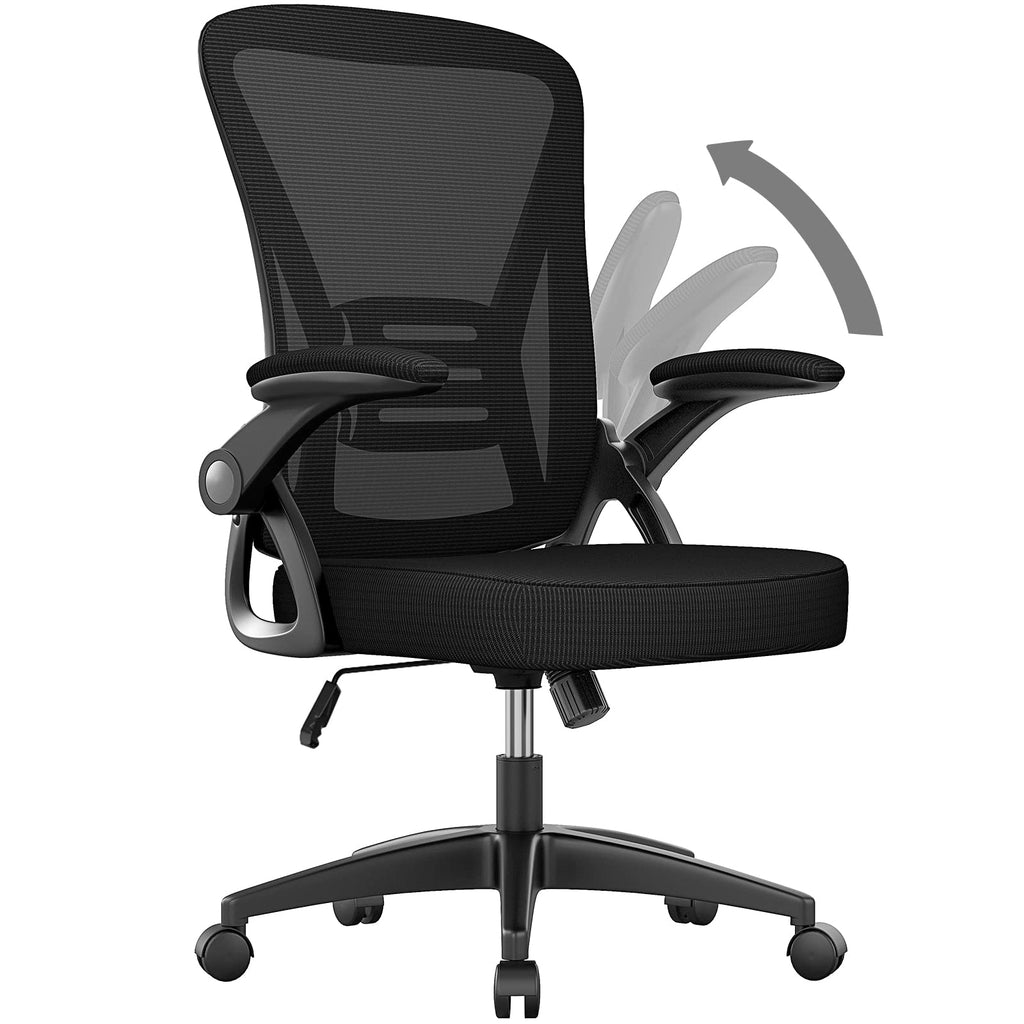 Ergonomic Office Chair, Mid Back Desk Chairs with Adjustable Height, Swivel Chair with Flip-Up Arms and Lumbar Support, Breathable Mesh Computer Chair for Home/Study/Working, Dark Black