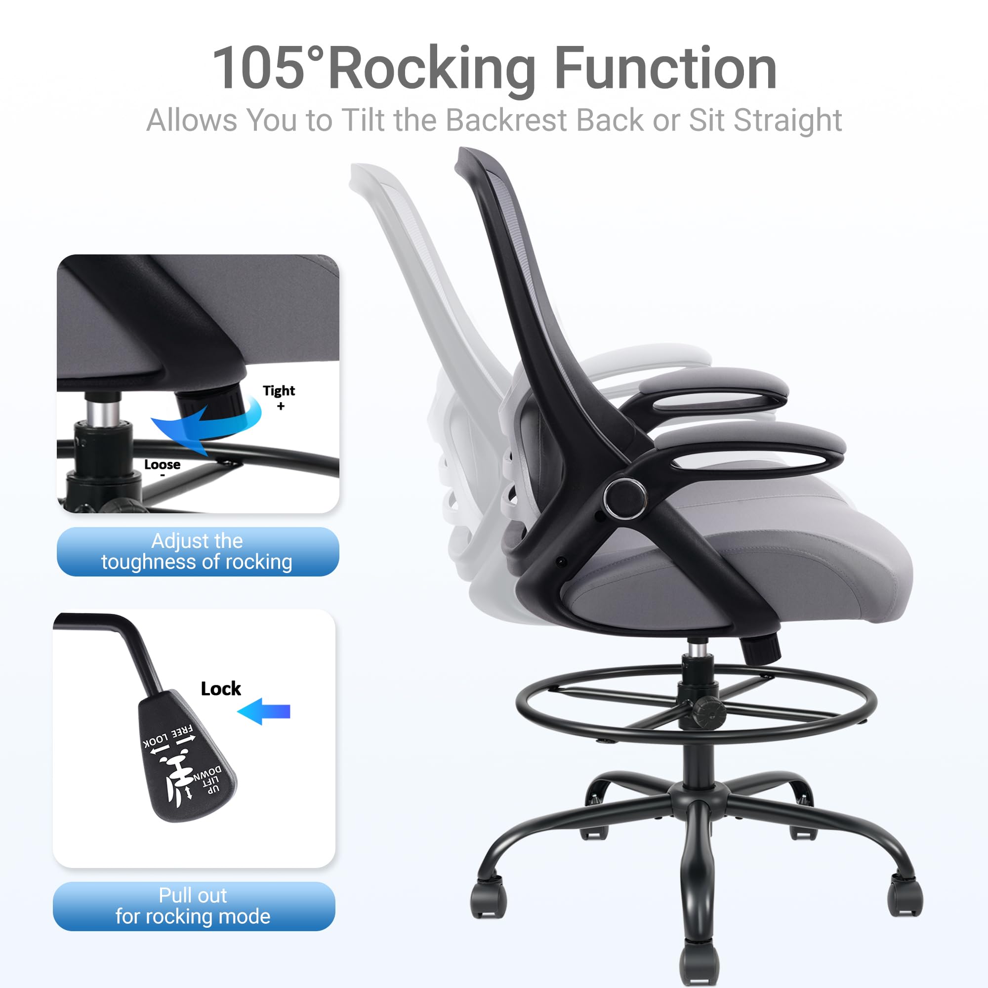 400lbs Heavy Duty Drafting Chair 5" Thickened Seat Office Chair with Flip-Up Armrests Tall Ergonomic Computer Chair with Lumbar Support and Adjustable Footrest Ring Standing Desk Chair(Grey)